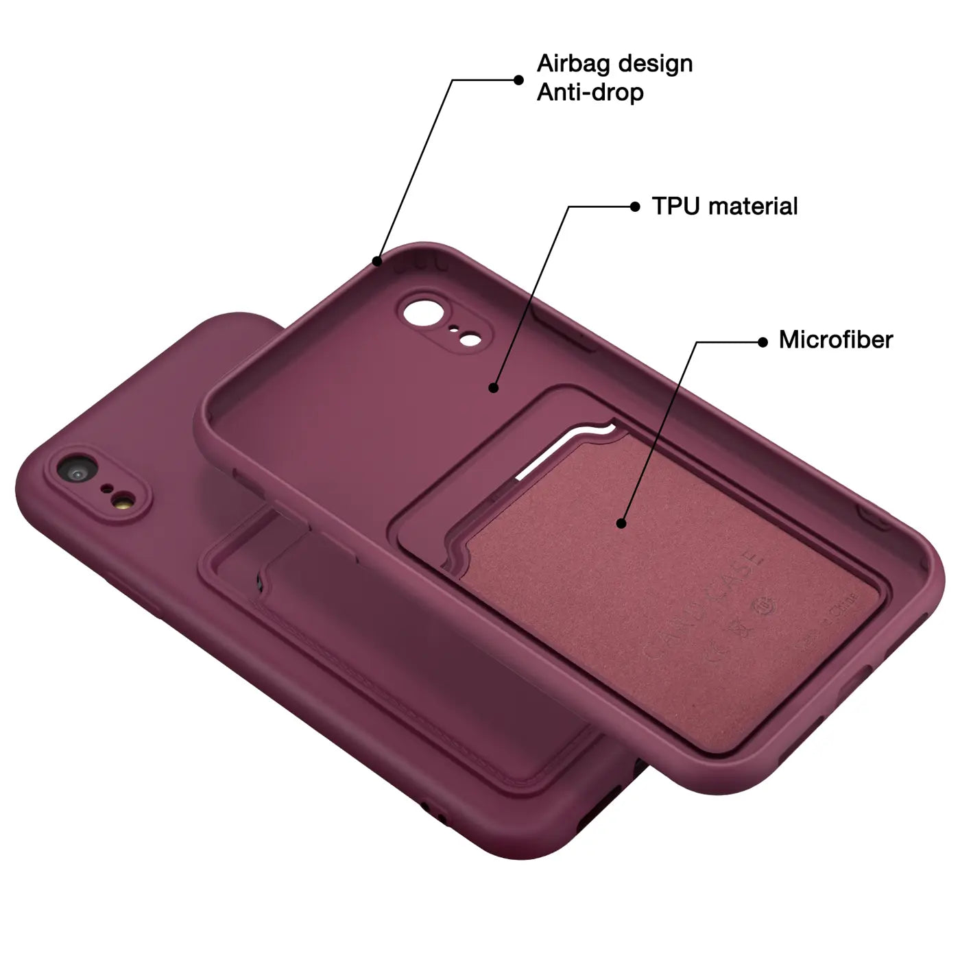 Dunkelrote TPU-Hülle mit Kartenfach für iPhone XR, von schräg oben gezeigt.