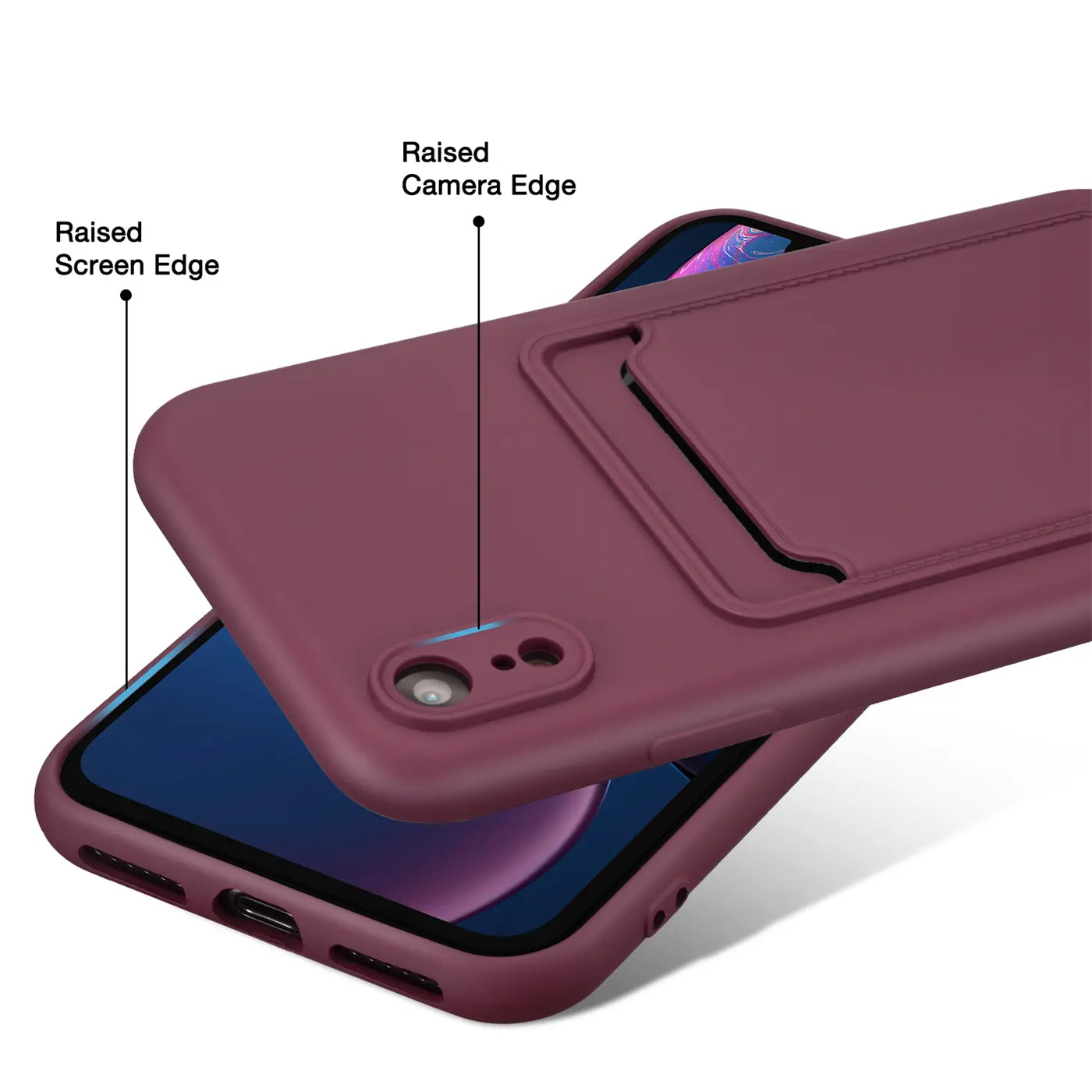 Dunkelrote Slim-Hülle aus Kunststoff mit Kartenfach für iPhone XR, von schräg oben
