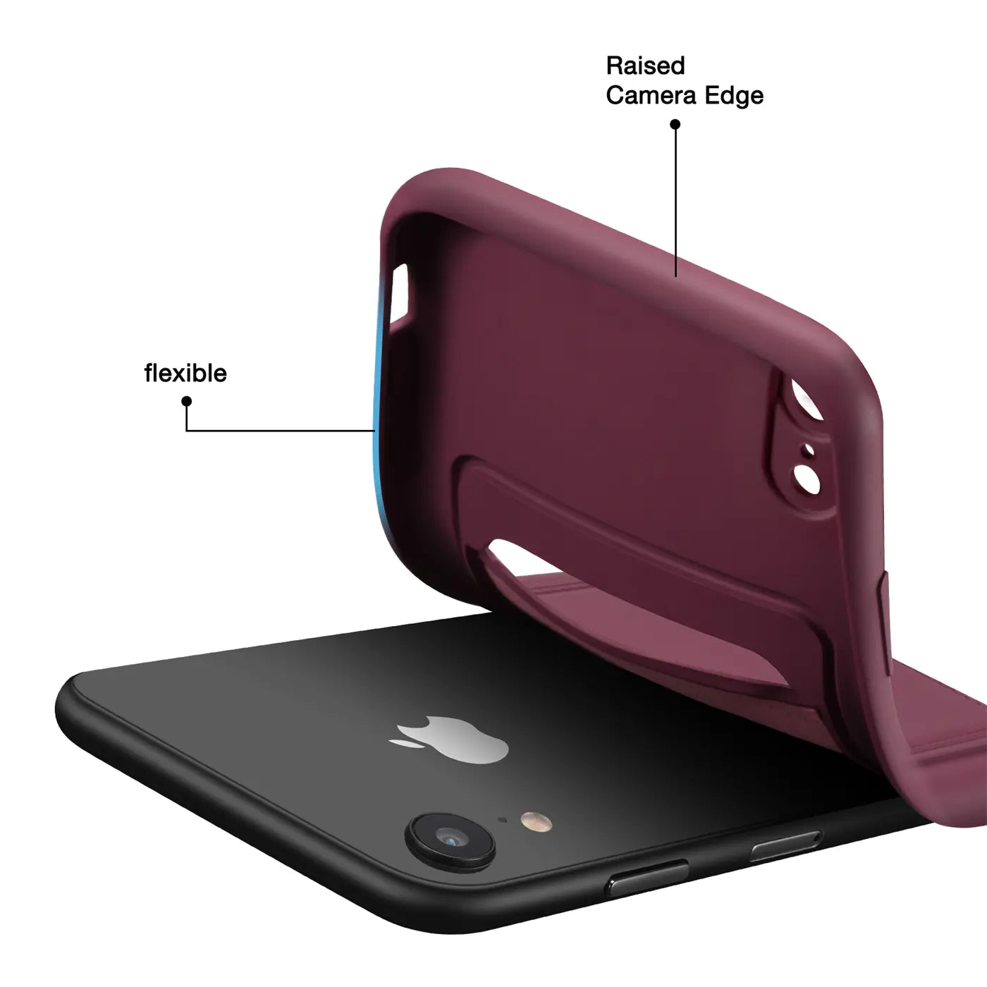 Dunkelrote, flexible Hülle mit Kartenfach über schwarzem iPhone XR, von schräg oben
