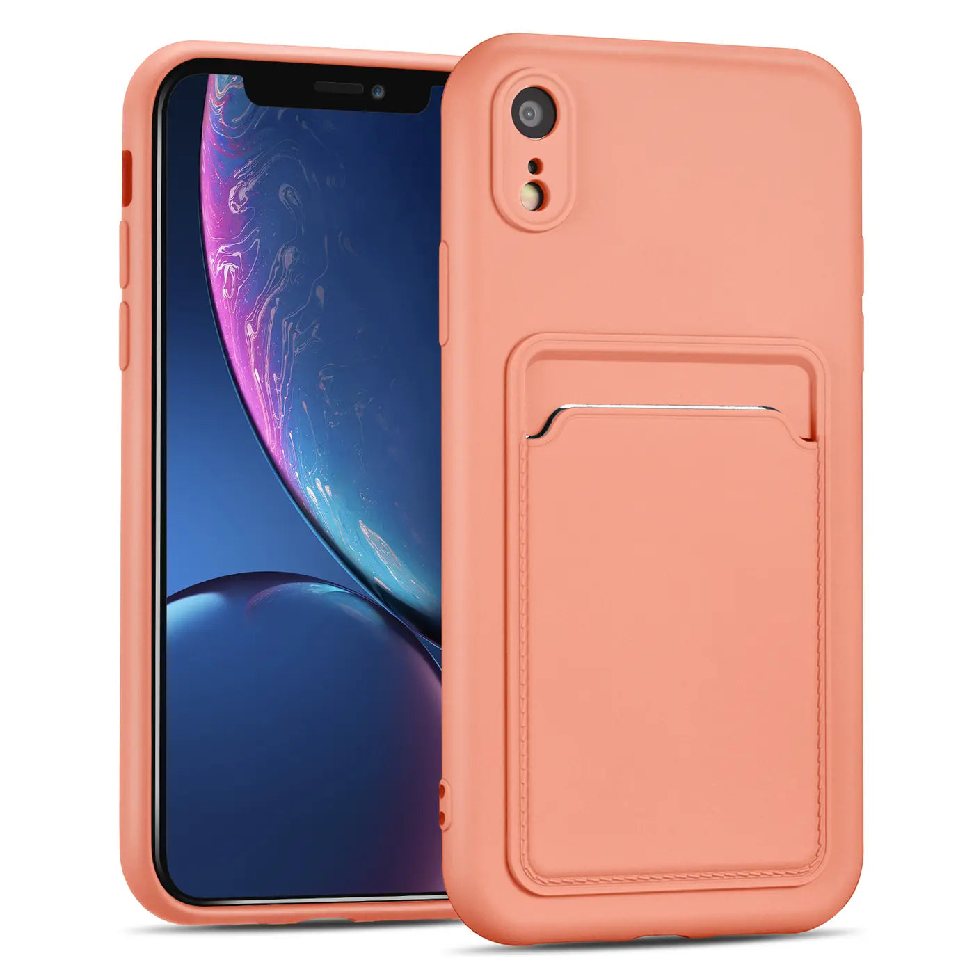 Lachsfarbene Slim Hülle aus Silikon mit Kartenfach für iPhone XR, von vorne links gesehen.