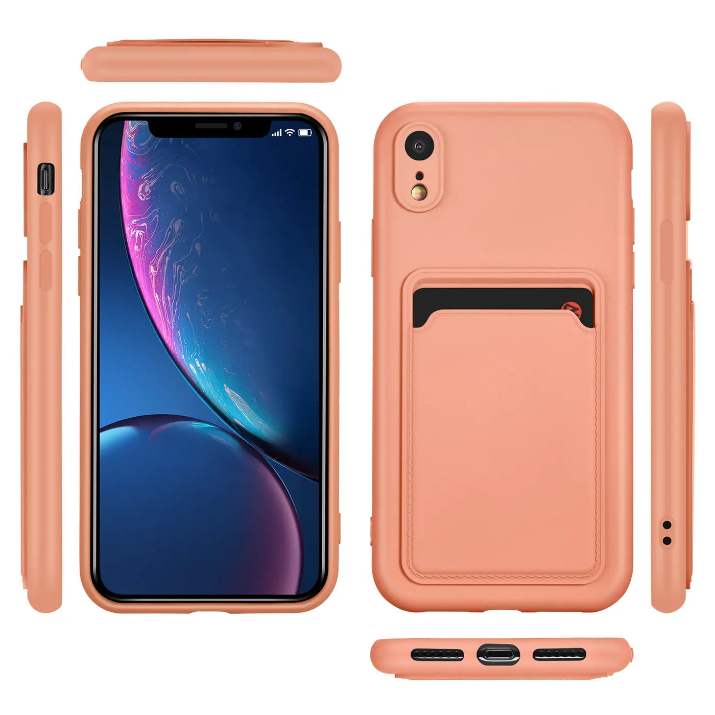 Orange Hülle mit Kartenfach für iPhone XR, verschiedene Ansichten, TPU-Material