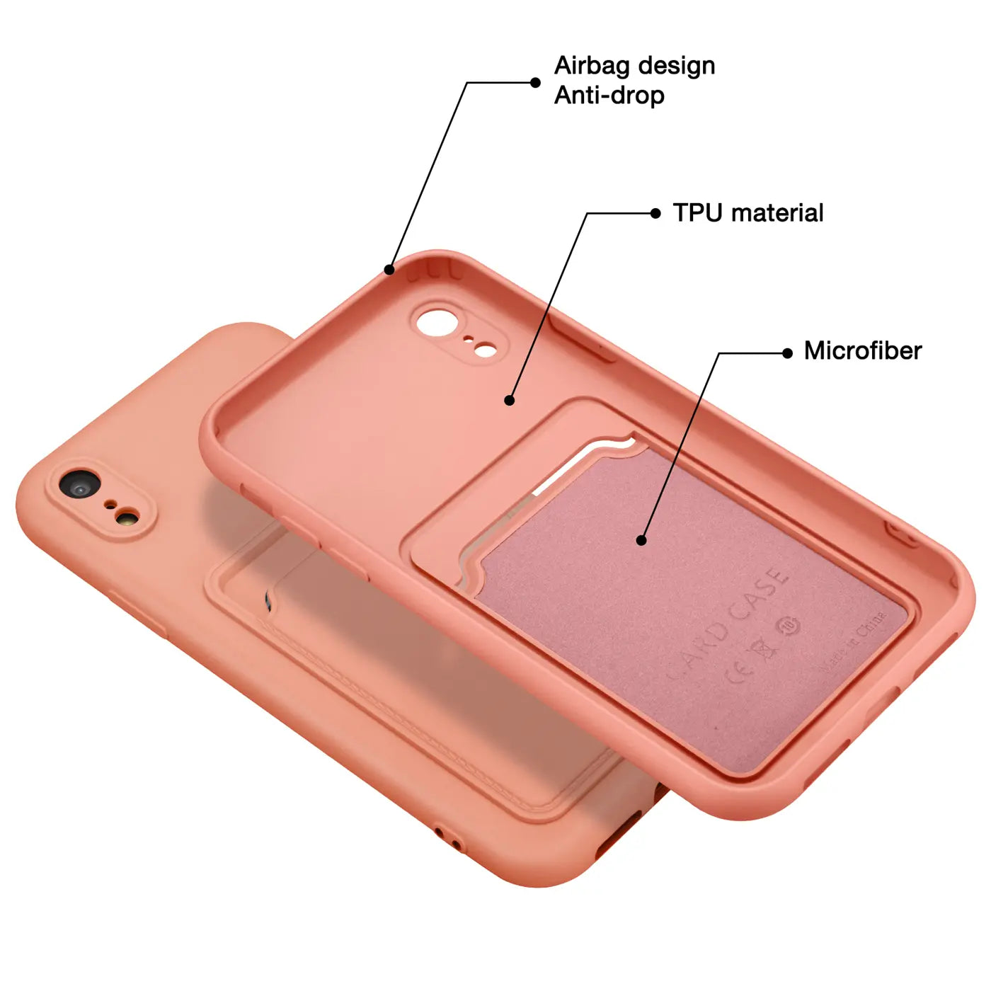 Rosa TPU-Hülle mit Kartenfach für iPhone XR, von oben schräg fotografiert.