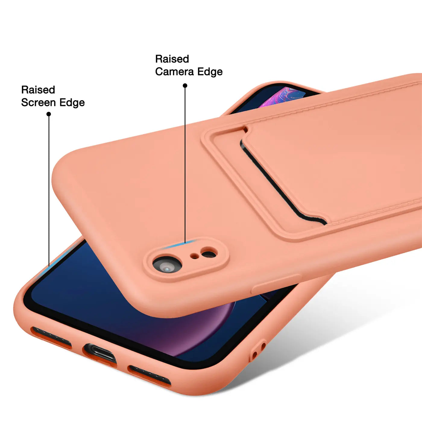 Pfirsichfarbene Slim Hülle aus Kunststoff mit Kartenfach für iPhone XR, von schräg oben