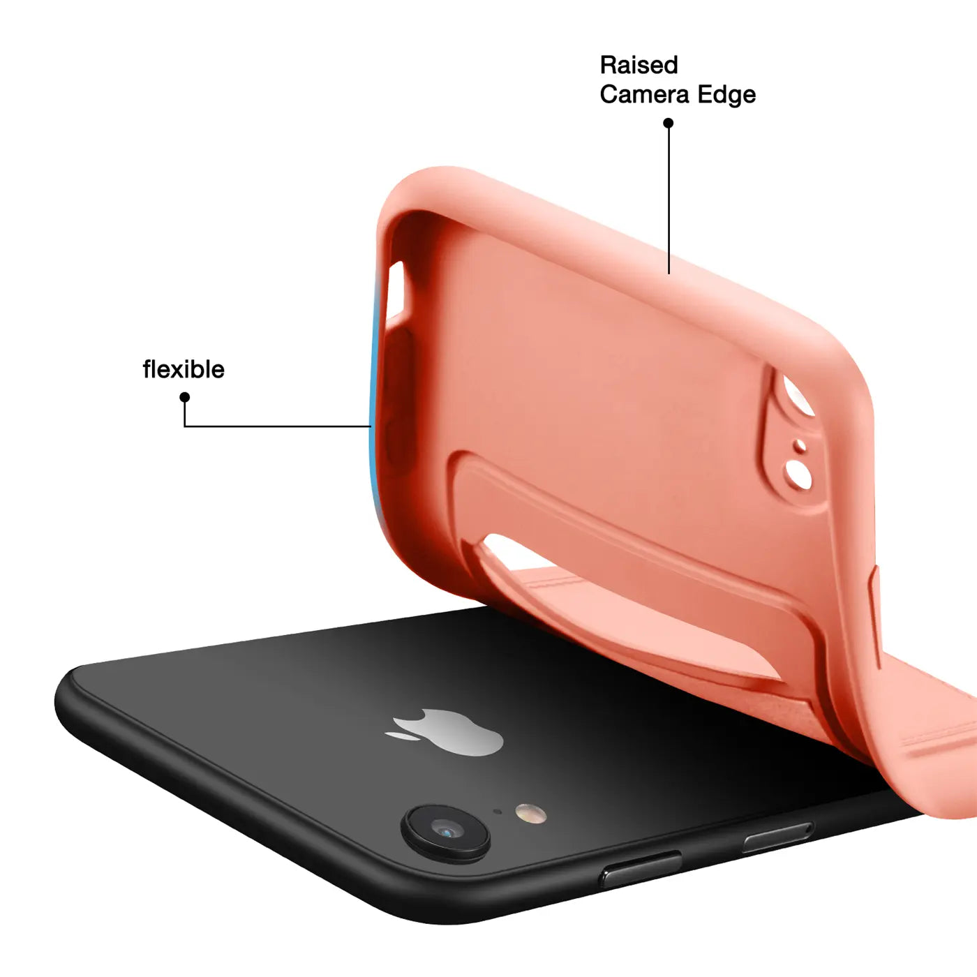 Korallefarbene, flexible Hülle mit Kartenfach wird auf ein schwarzes iPhone XR aufgesetzt.