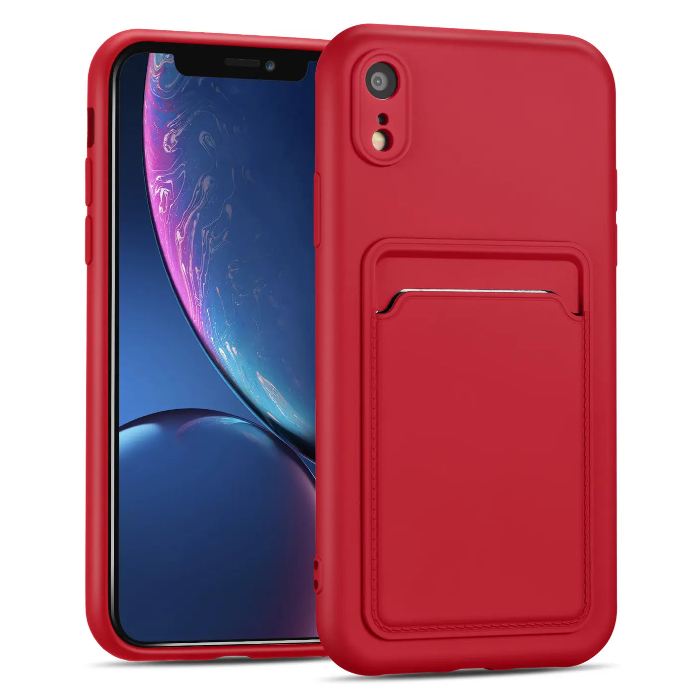 Rote Slim Hülle aus Kunststoff mit Kartenfach für iPhone XR, von vorne links gezeigt.