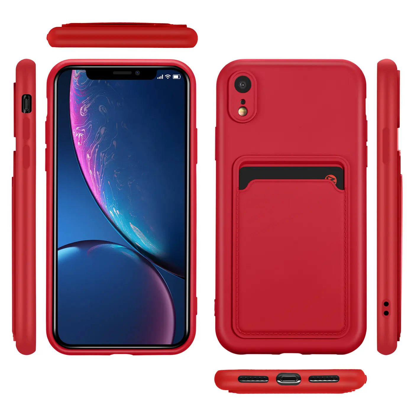 Rote Slim Hülle mit Kartenfach für iPhone XR, verschiedene Ansichten, Kunststoff