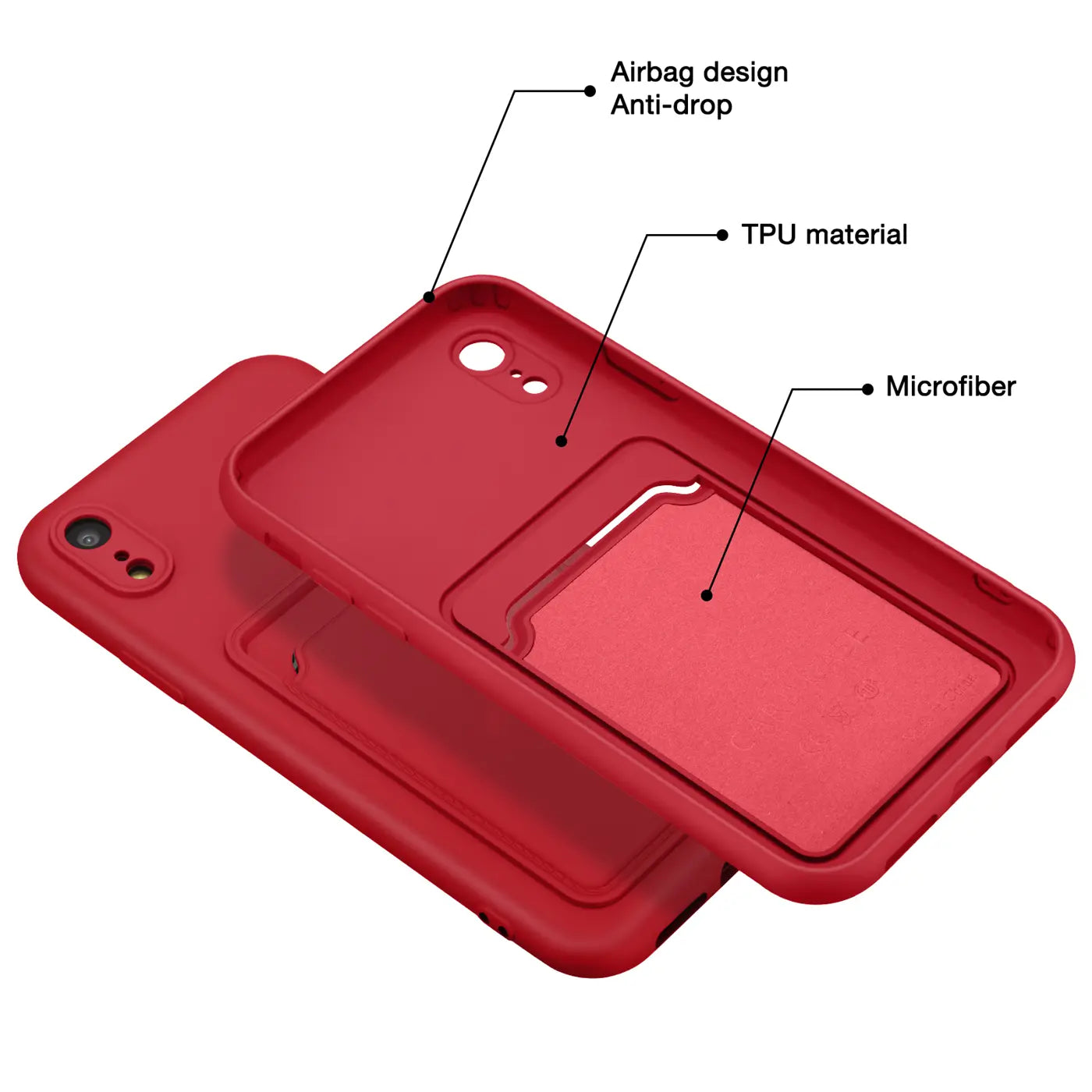 Rote iPhone XR Hülle aus TPU mit Kartenfach, von oben schräg fotografiert.