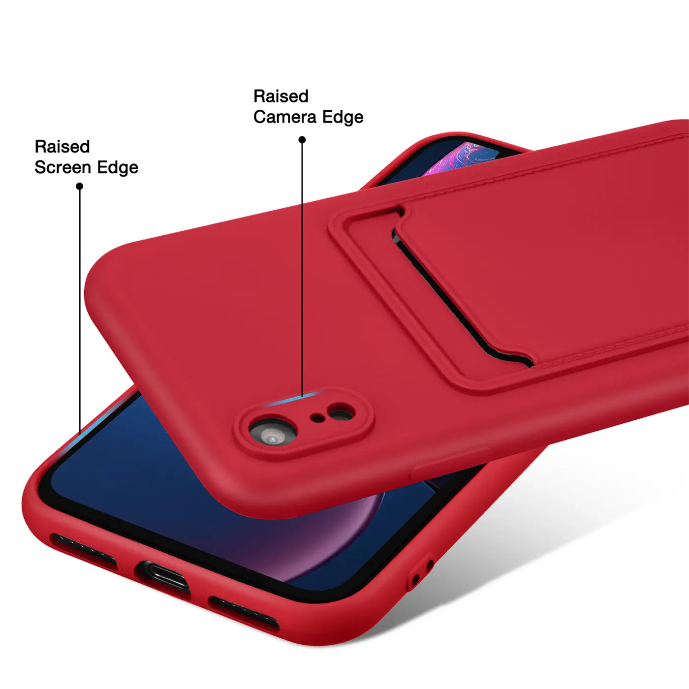 Rote Slim Hülle aus Kunststoff mit Kartenfach, iPhone XR, von schräg oben