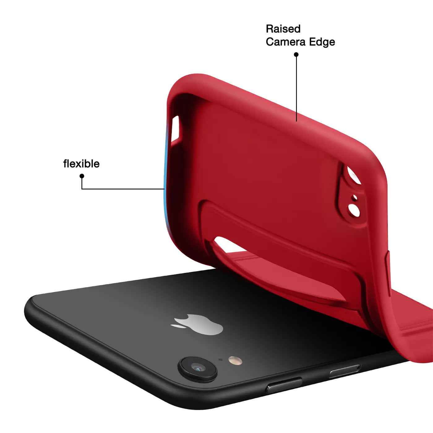 Rote flexible Hülle mit Kartenfach auf schwarzem iPhone XR, von oben betrachtet.