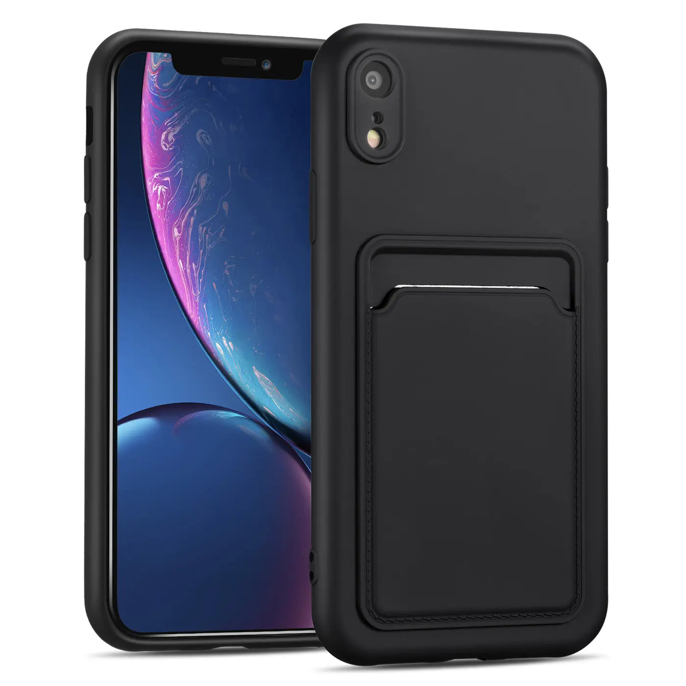 Schwarze Slim Hülle aus Kunststoff mit Kartenfach, zeigt iPhone XR, Vorderansicht.
