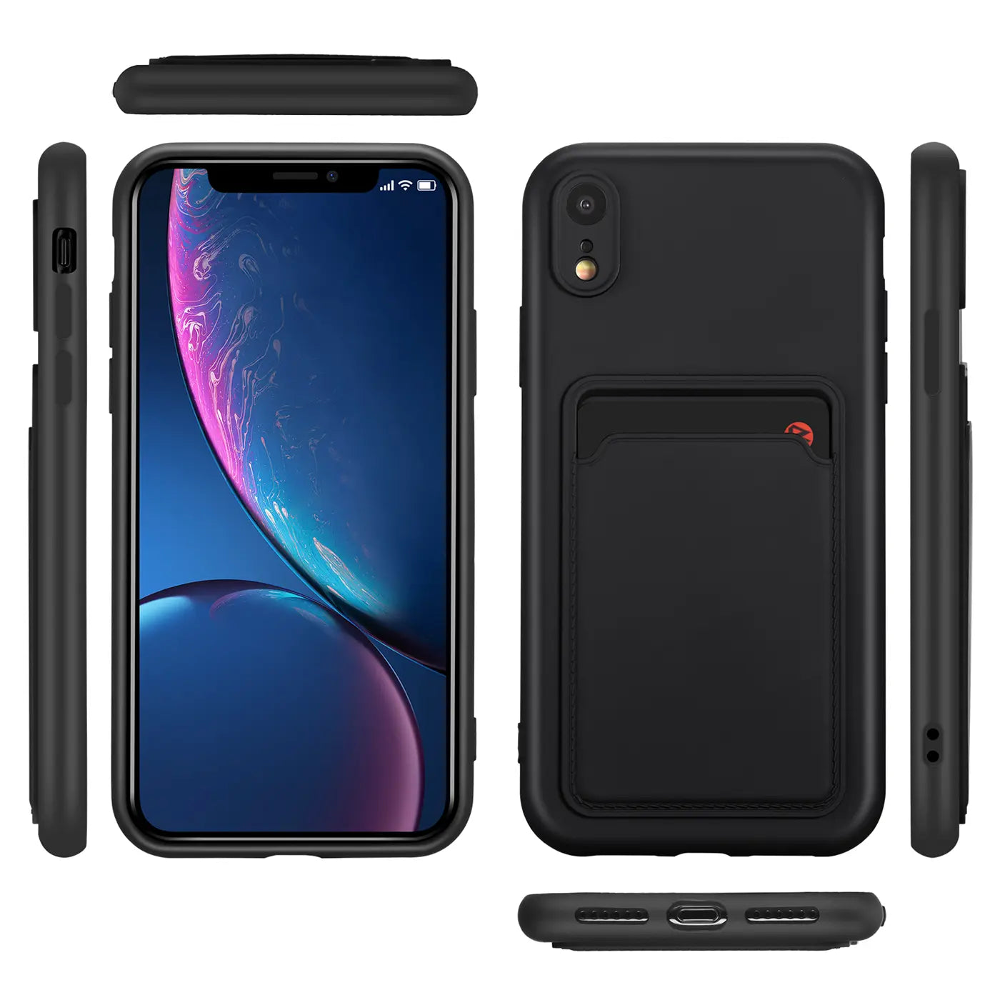 Schwarze iPhone XR Hülle aus Kunststoff mit Kartenfach, verschiedene Ansichten.