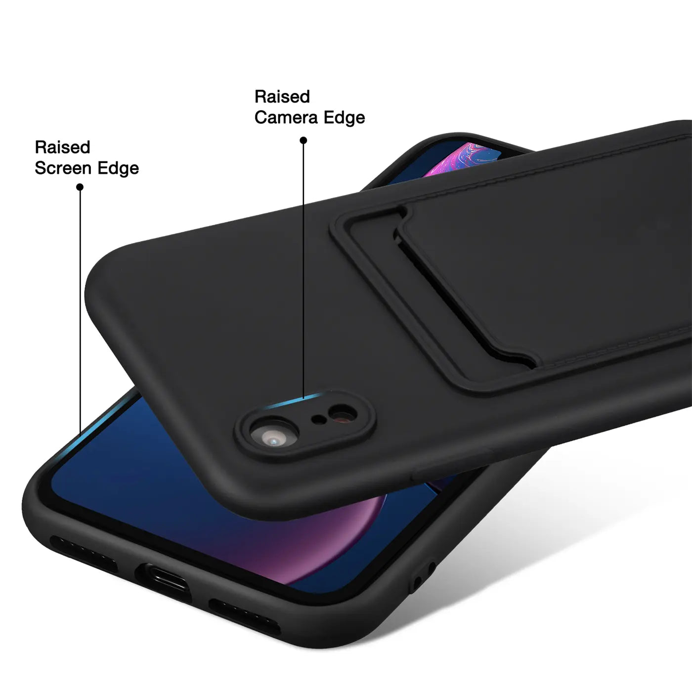Schwarze Slim Hülle aus Kunststoff mit Kartenfach für iPhone XR, von schräg oben