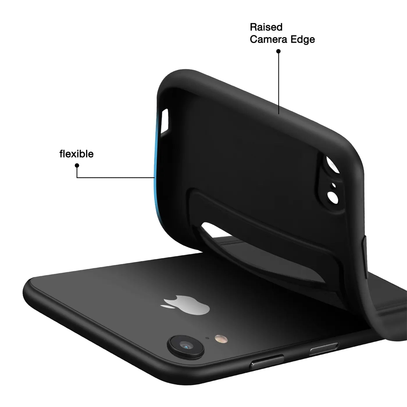 Schwarze, flexible Hülle aus Kunststoff, von hinten gezeigt, auf einem iPhone XR.