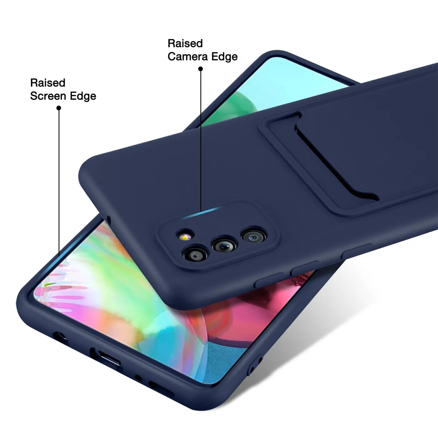 Dunkelblaue Slim Hülle aus Kunststoff mit Kartenfach, zeigt Samsung Galaxy A02S, von schräg oben.