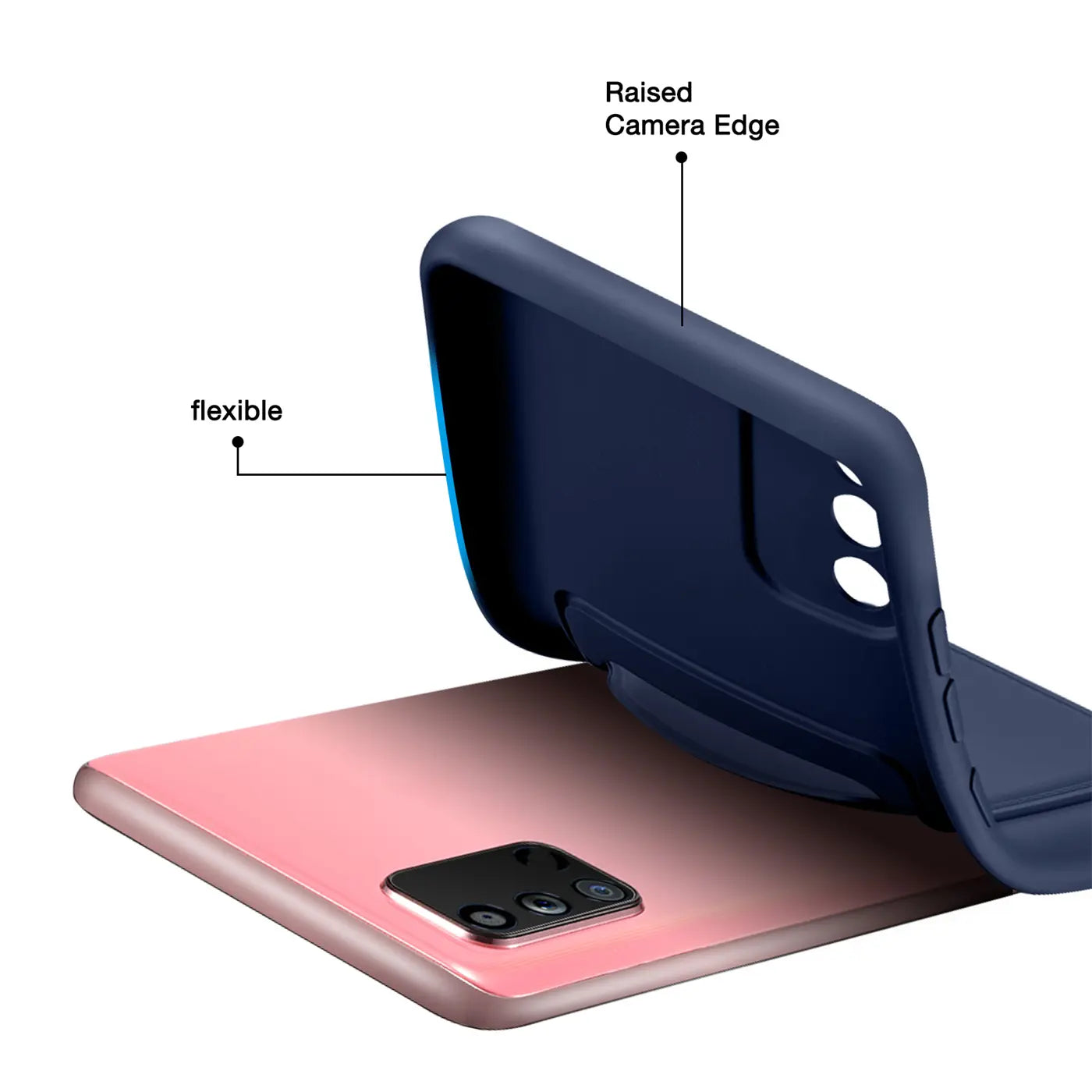 Dunkelblaue, flexible Hülle über einem rosafarbenen Samsung Galaxy A02S, von schräg oben.