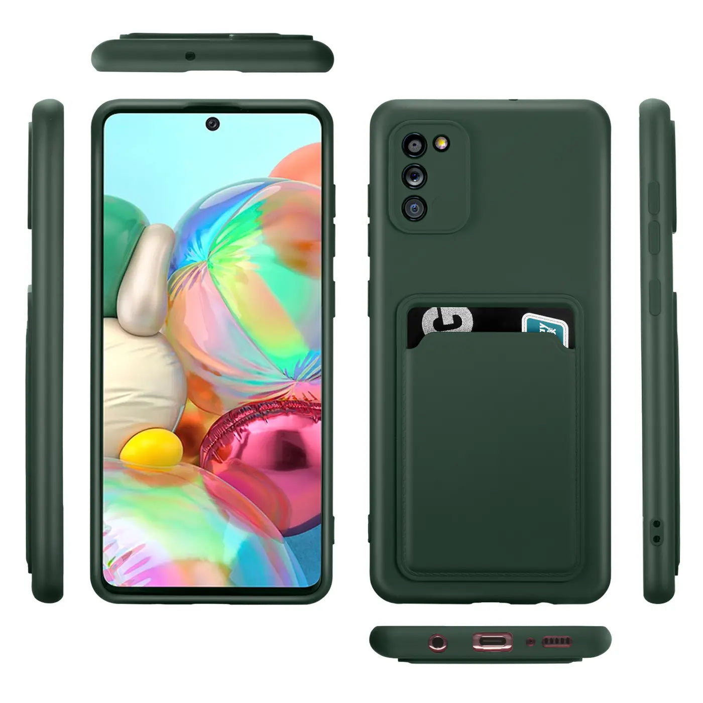 Dunkelgrüne Slim Hülle mit Kartenfach für Samsung Galaxy A02S, verschiedene Ansichten