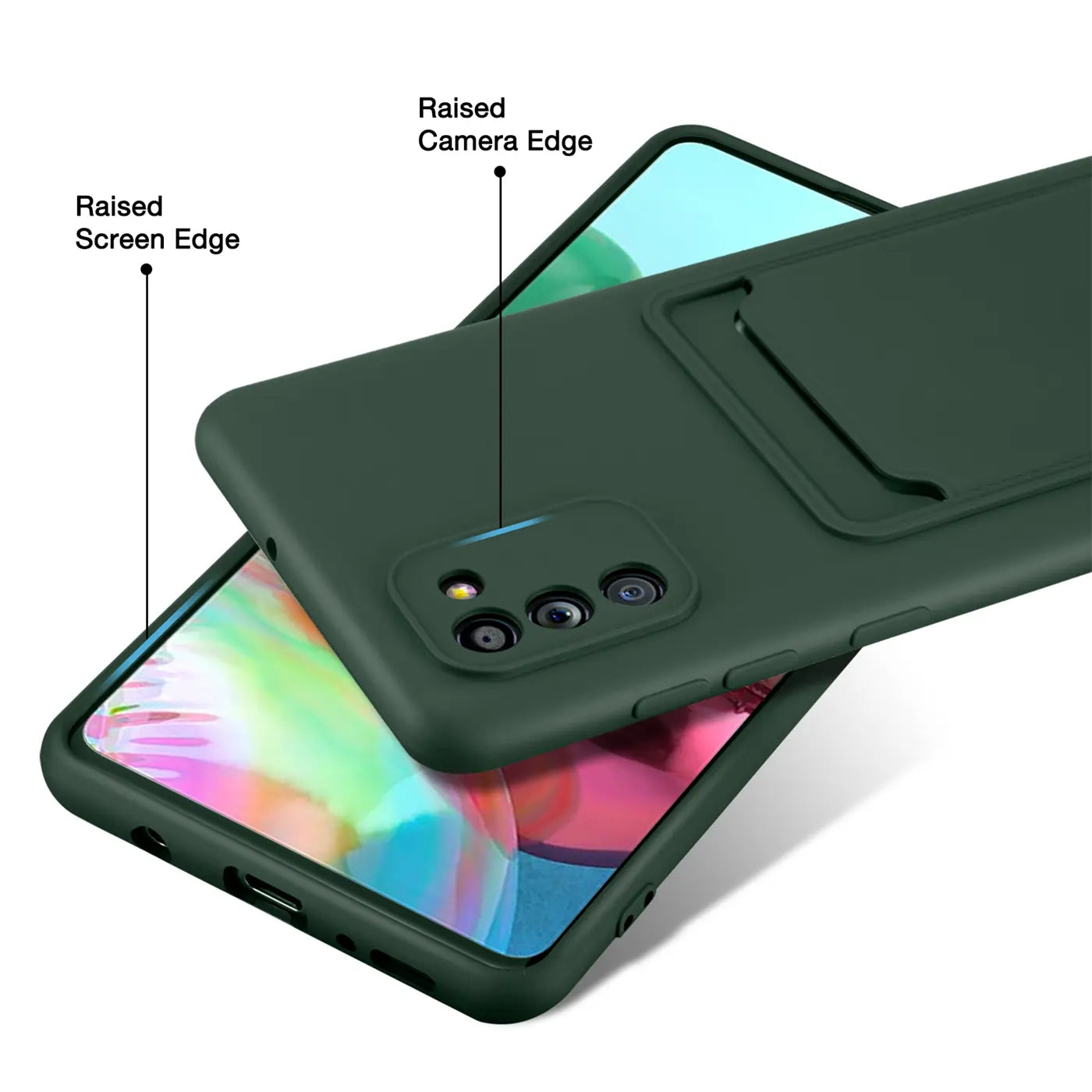 Dunkelgrüne Slim-Hülle aus Kunststoff mit Kartenfach, zeigt Samsung Galaxy A02S von hinten.