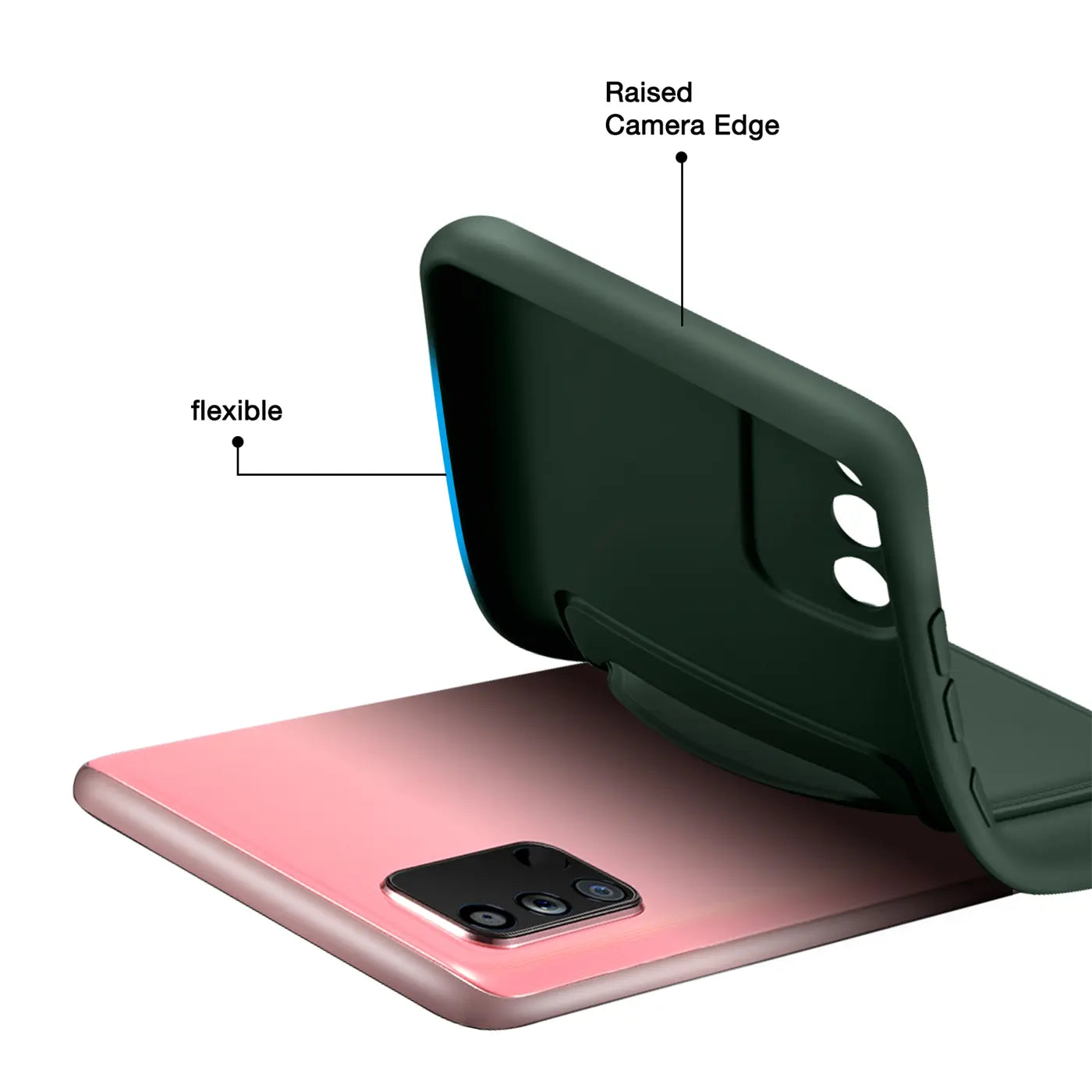 Dunkelgrüne, flexible Handyhülle aus Gummi, die über ein rosafarbenes Samsung Galaxy A02S gelegt wird.