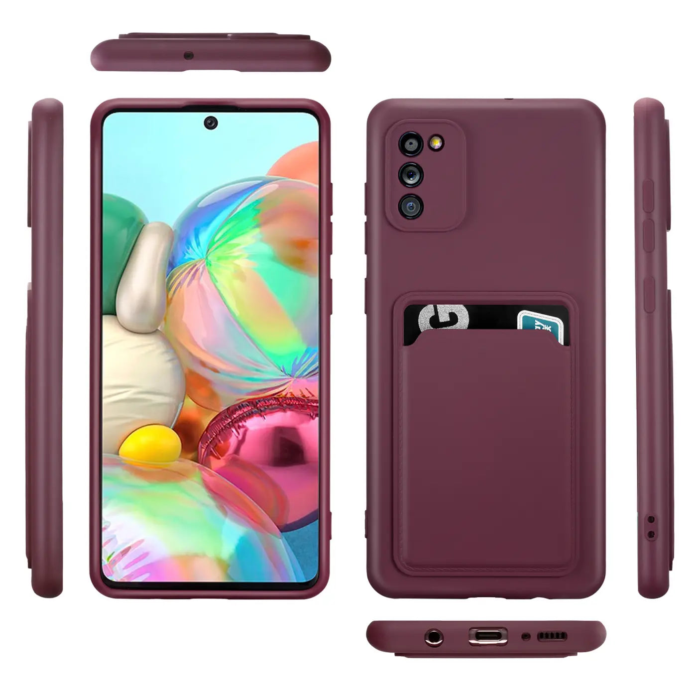 Dunkelrote Slim Hülle aus Silikon mit Kartenfach für Samsung Galaxy A02S, Vorder- und Rückansicht.