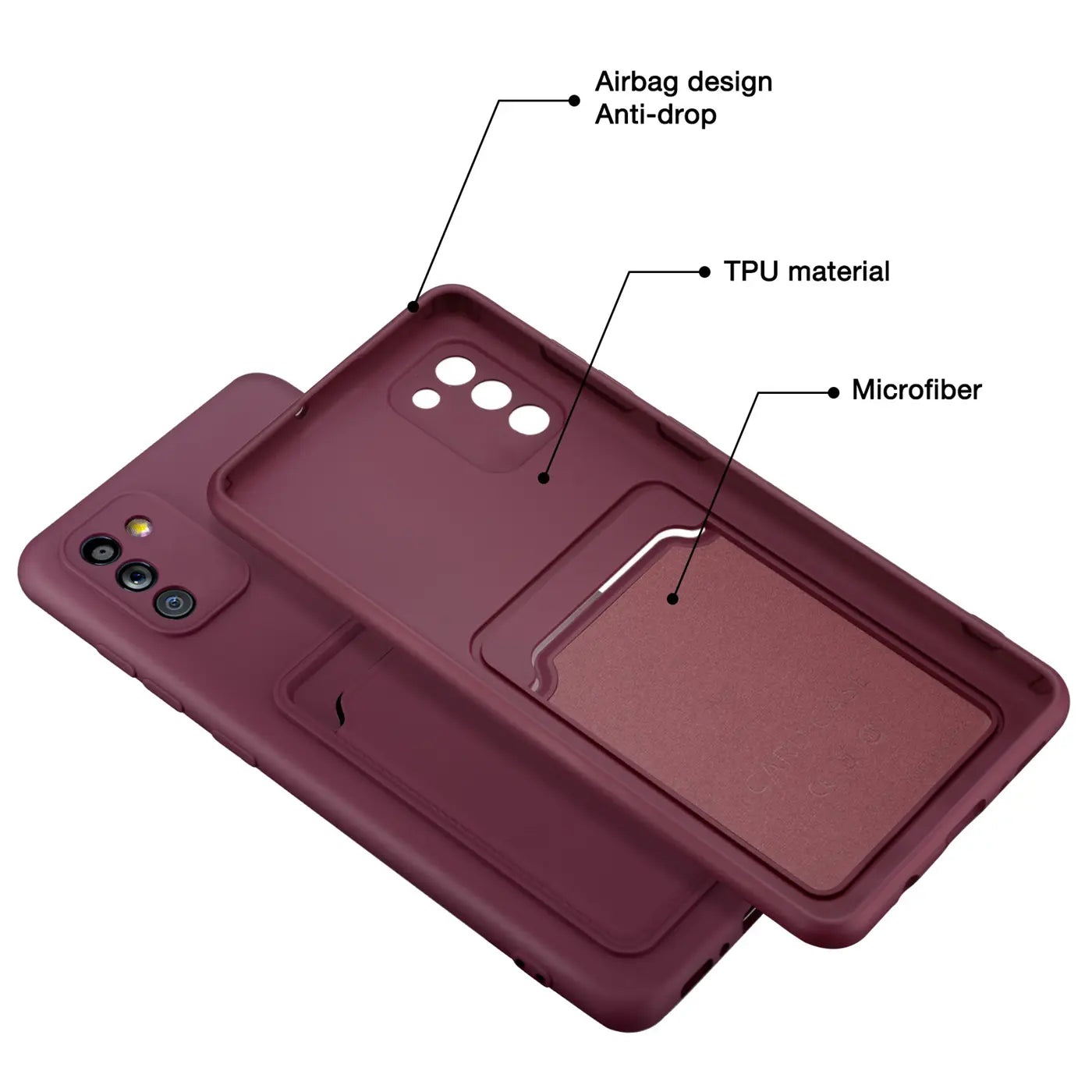 Dunkelrote TPU-Hülle mit Kartenfach, von oben, für Samsung Galaxy A02S.