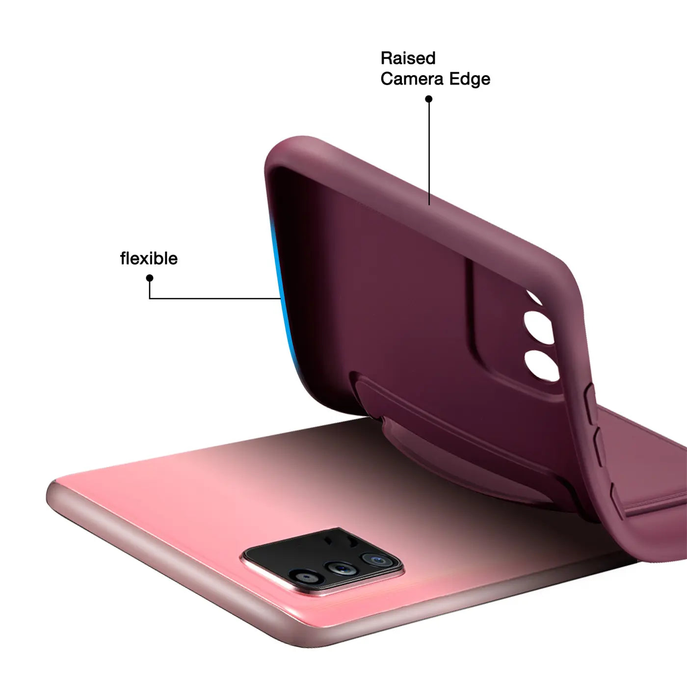 Dunkelrote, flexible Handyhülle aus Silikon, von hinten gezeigt, über einem rosafarbenen Samsung Galaxy A02S.