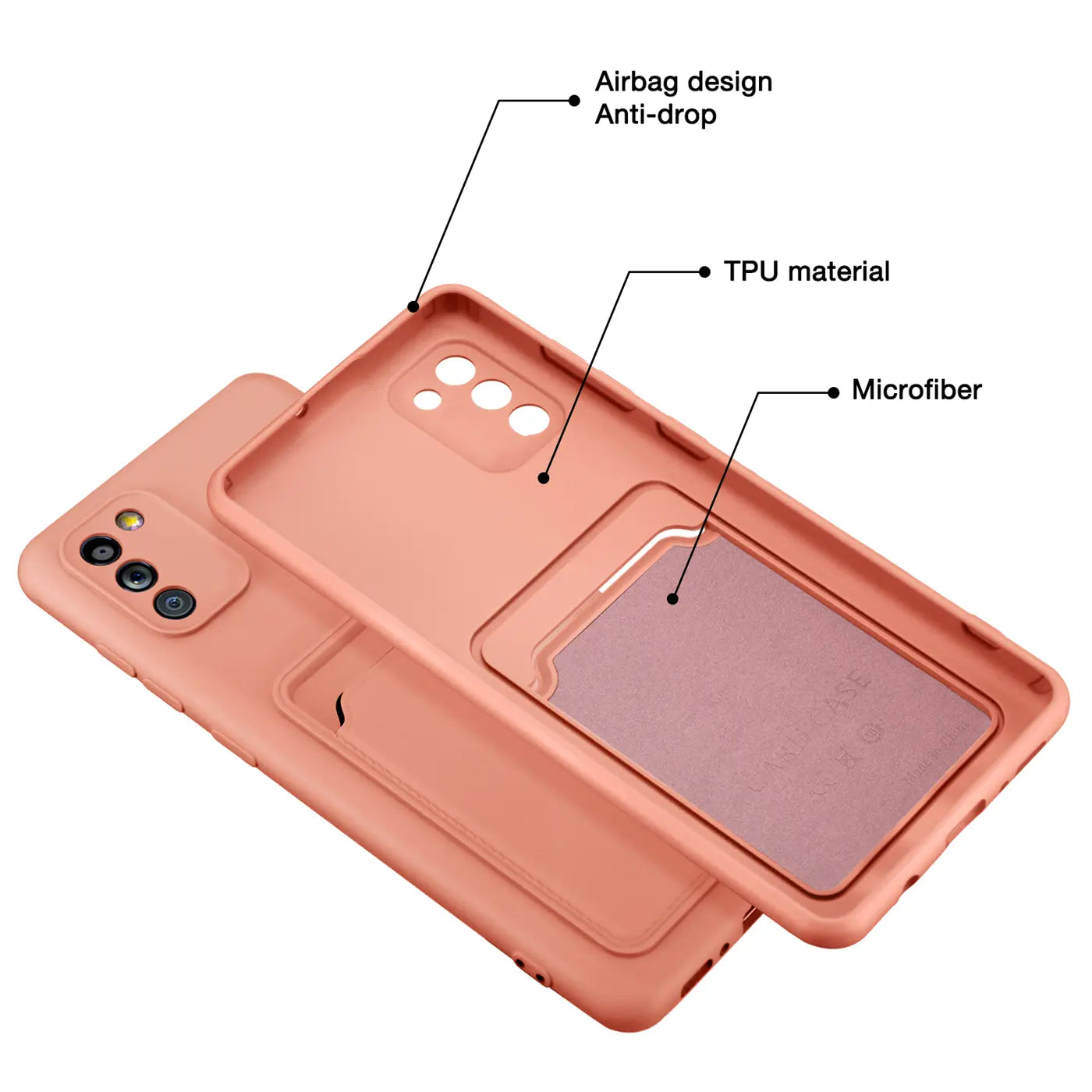 Rosa TPU-Hülle mit Kartenfach für Samsung Galaxy A02S, von oben betrachtet.