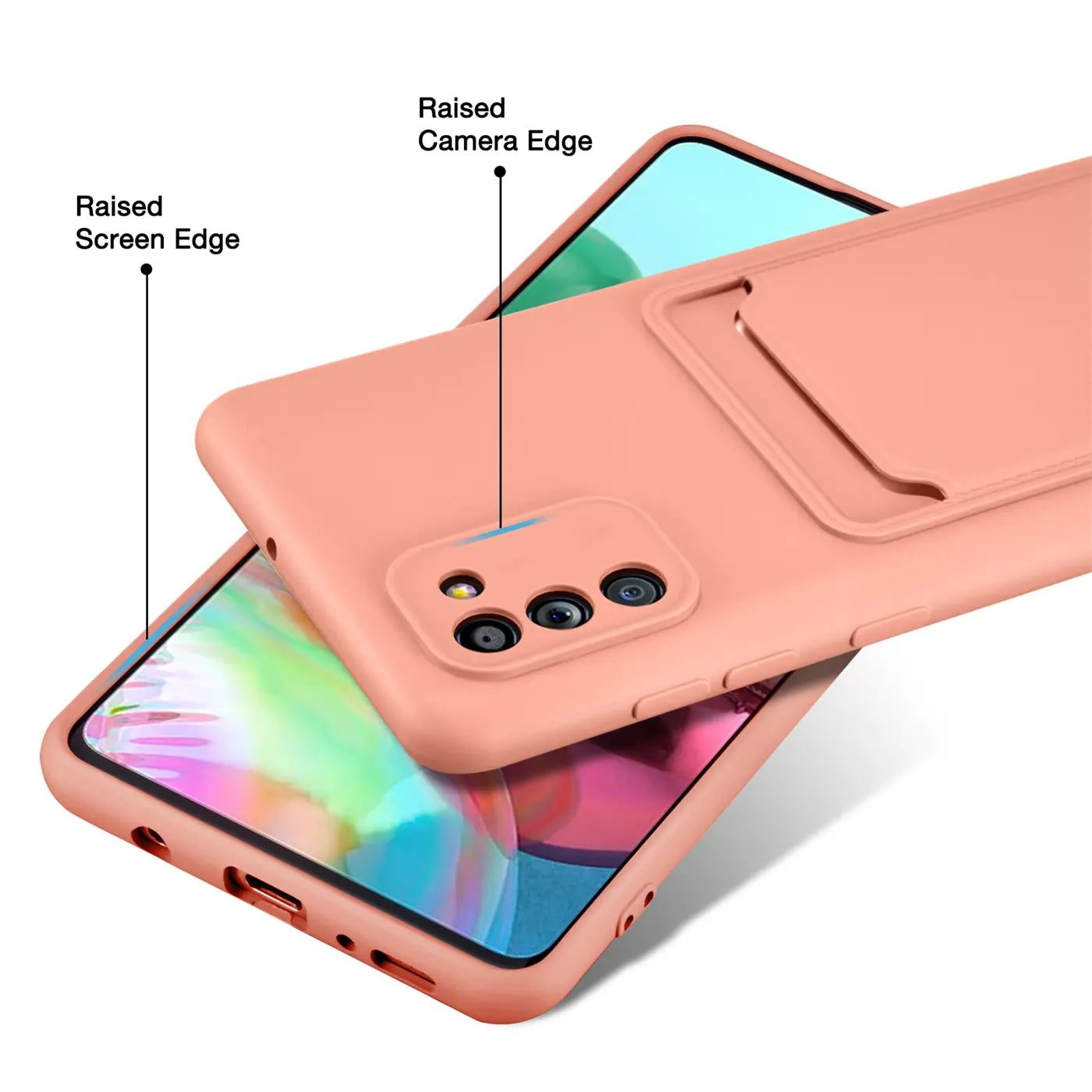 Lachsfarbene Slim Hülle mit Kartenfach auf Samsung Galaxy A02S, von schräg oben