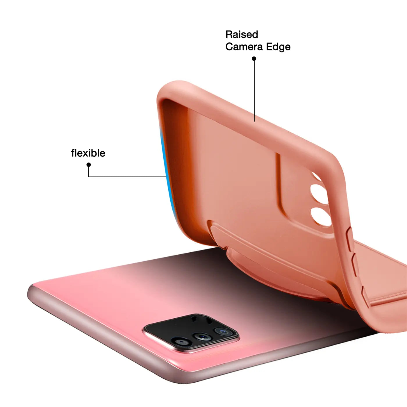 Rosa flexible Hülle aus Silikon, seitliche Ansicht, zeigt Samsung Galaxy A02S.