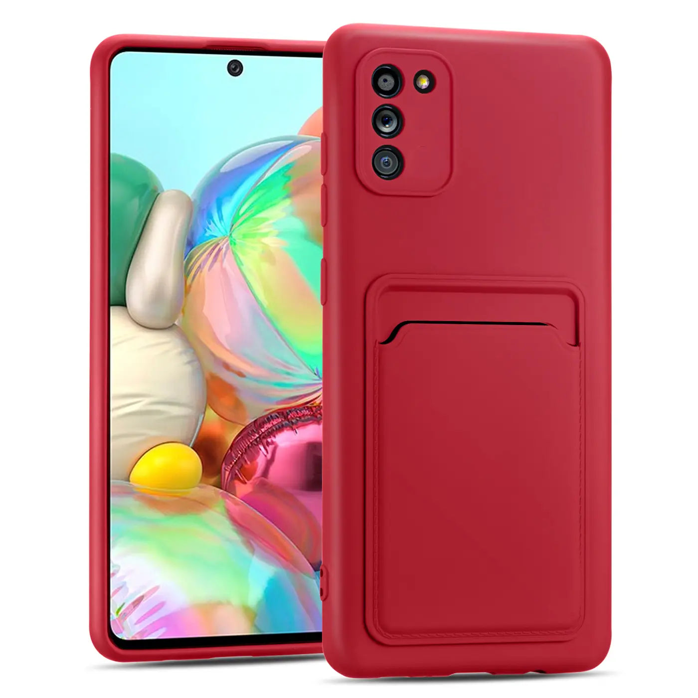Rote Slim Hülle aus Kunststoff mit Kartenfach, von vorne/leicht seitlich, zeigt Samsung Galaxy A02S.