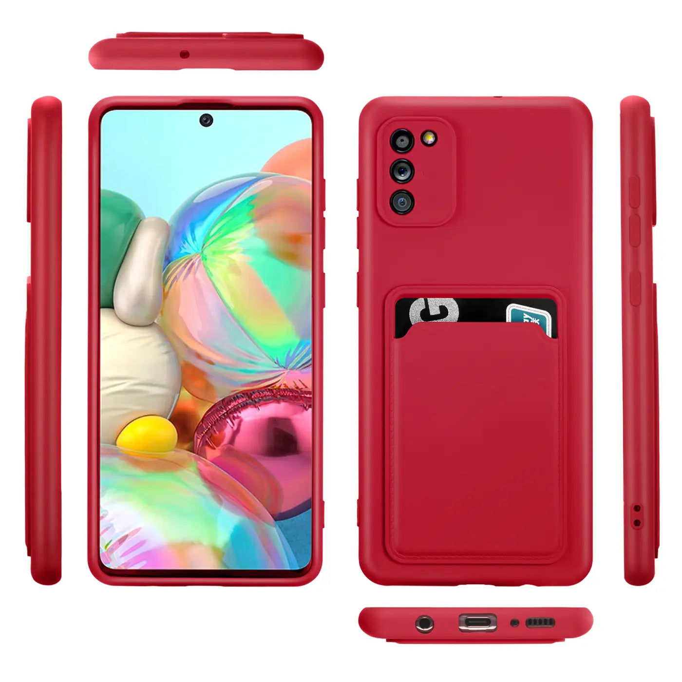 Rote Slim Hülle mit Kartenfach für Samsung Galaxy A02S, aus verschiedenen Winkeln gezeigt.