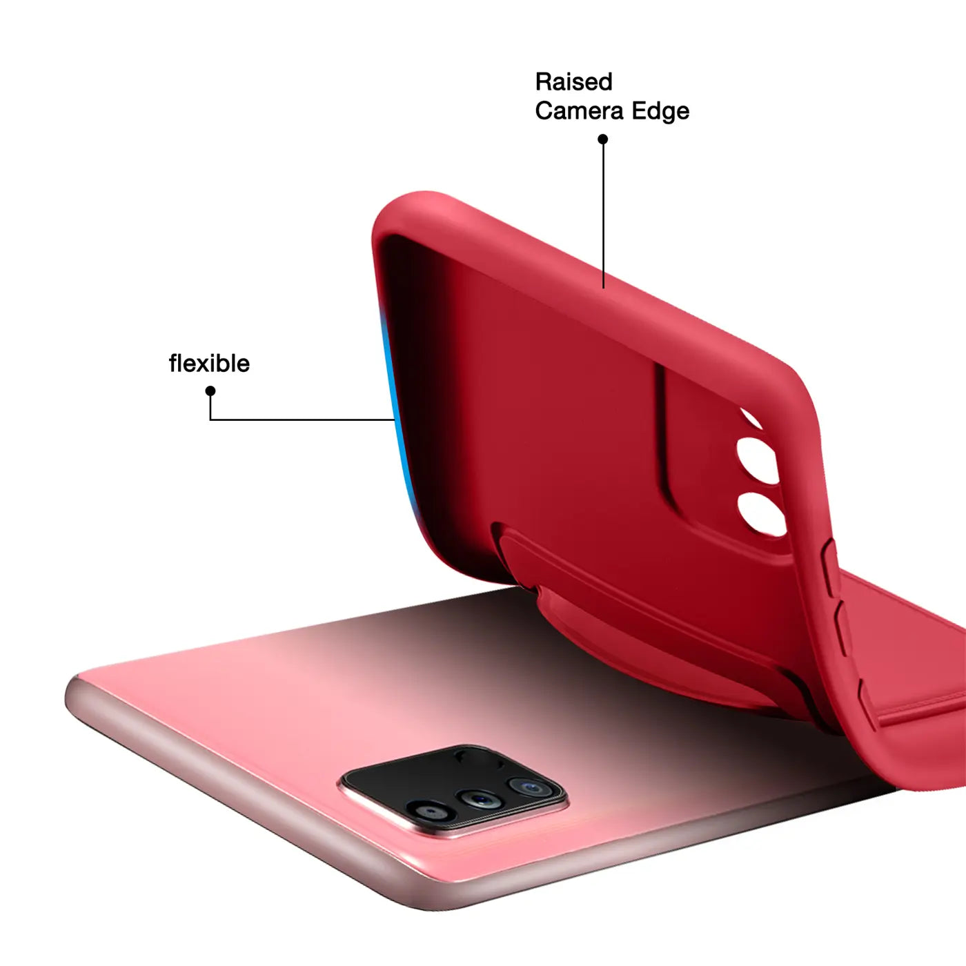 Rote, flexible Hülle wird auf ein rosafarbenes Samsung Galaxy A02S gelegt.