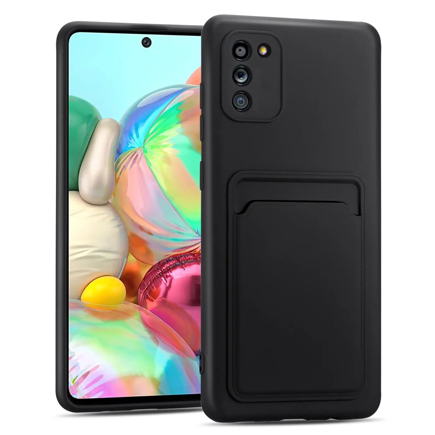 Schwarze Slim Hülle aus Kunststoff mit Kartenfach, zeigt Samsung Galaxy A02S von vorne/hinten.