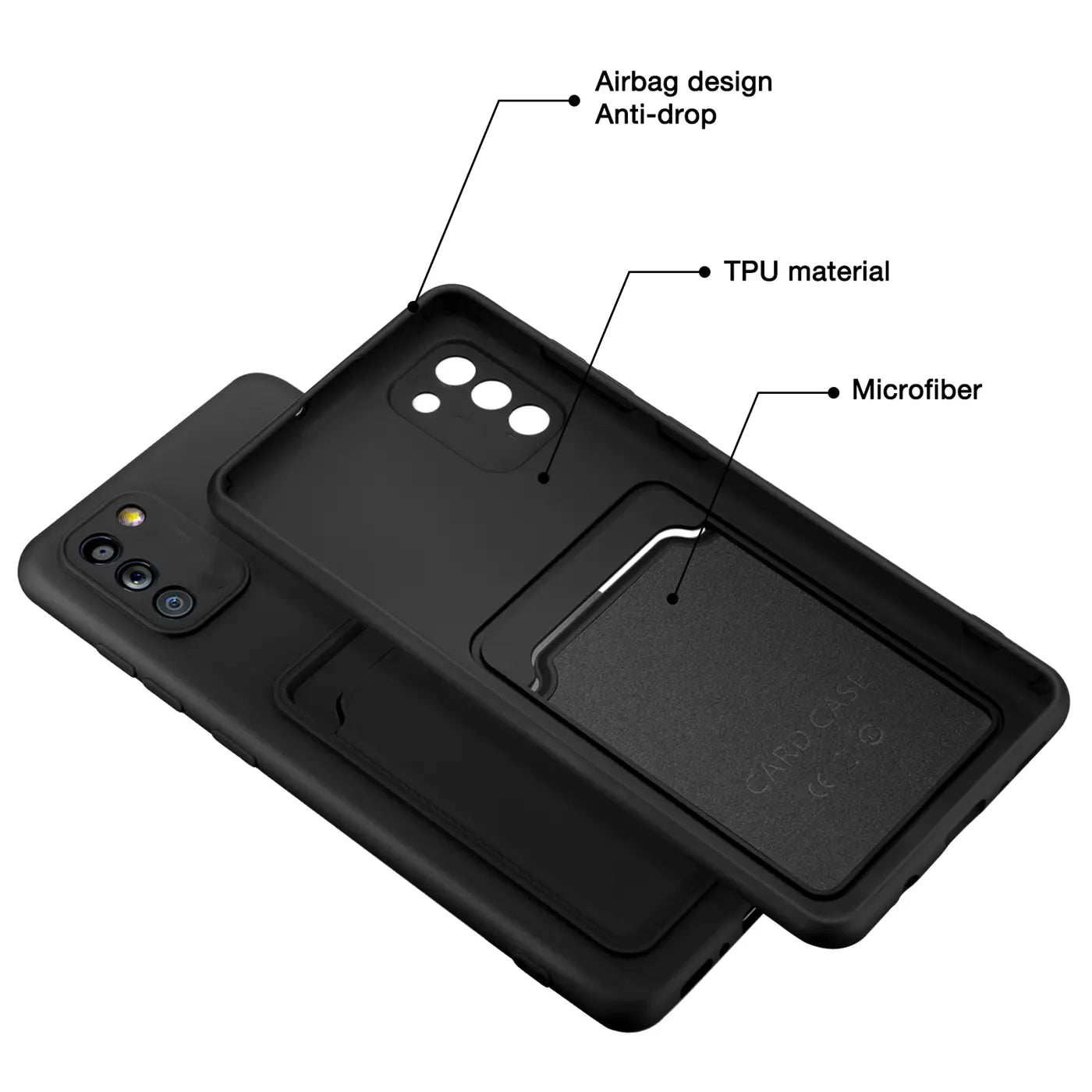 Schwarze TPU-Hülle mit Kartenfach für Samsung Galaxy A02S, von schräg oben