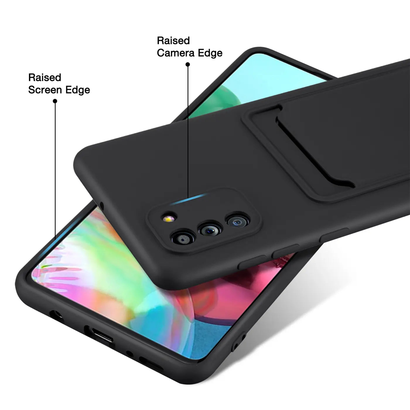 Schwarze Slim Hülle aus Kunststoff mit Kartenfach, zeigt Samsung A02S.