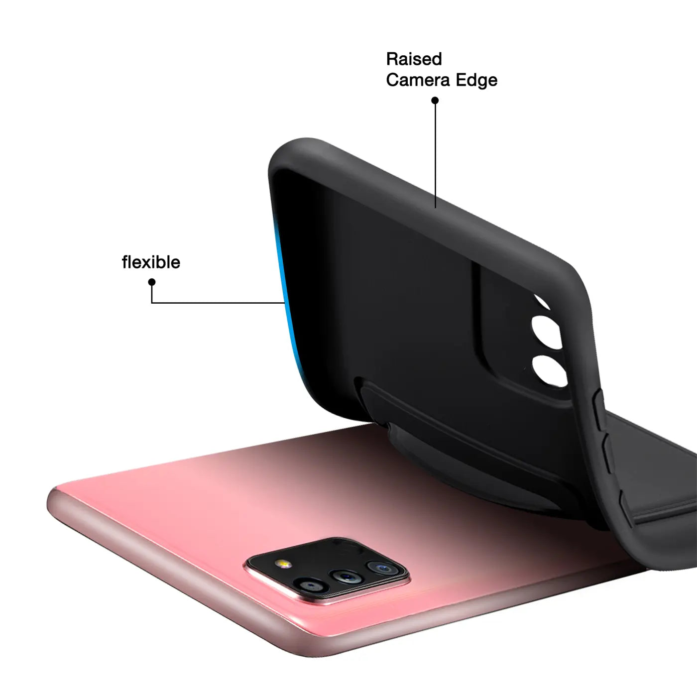 Schwarze, flexible Hülle wird auf ein rosafarbenes Samsung Galaxy A02S gelegt.
