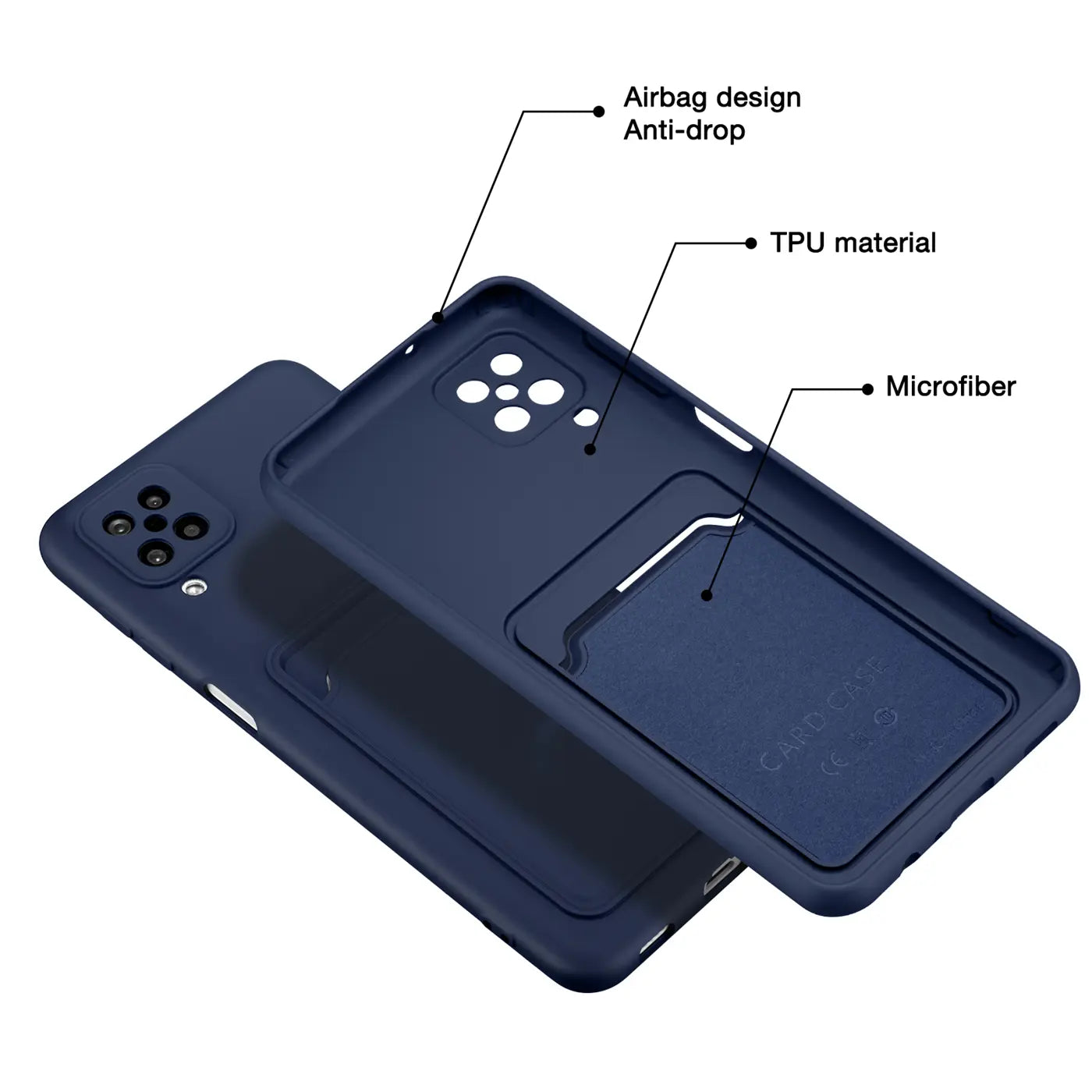 Dunkelblaue TPU-Hülle mit Kartenfach, Vorder- und Rückansicht, für Samsung Galaxy A12/M12.