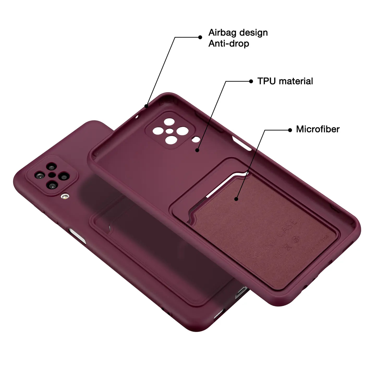 Dunkelrote TPU-Hülle mit Kartenfach, Innenfutter aus Mikrofaser, für Samsung Galaxy A12/M12.