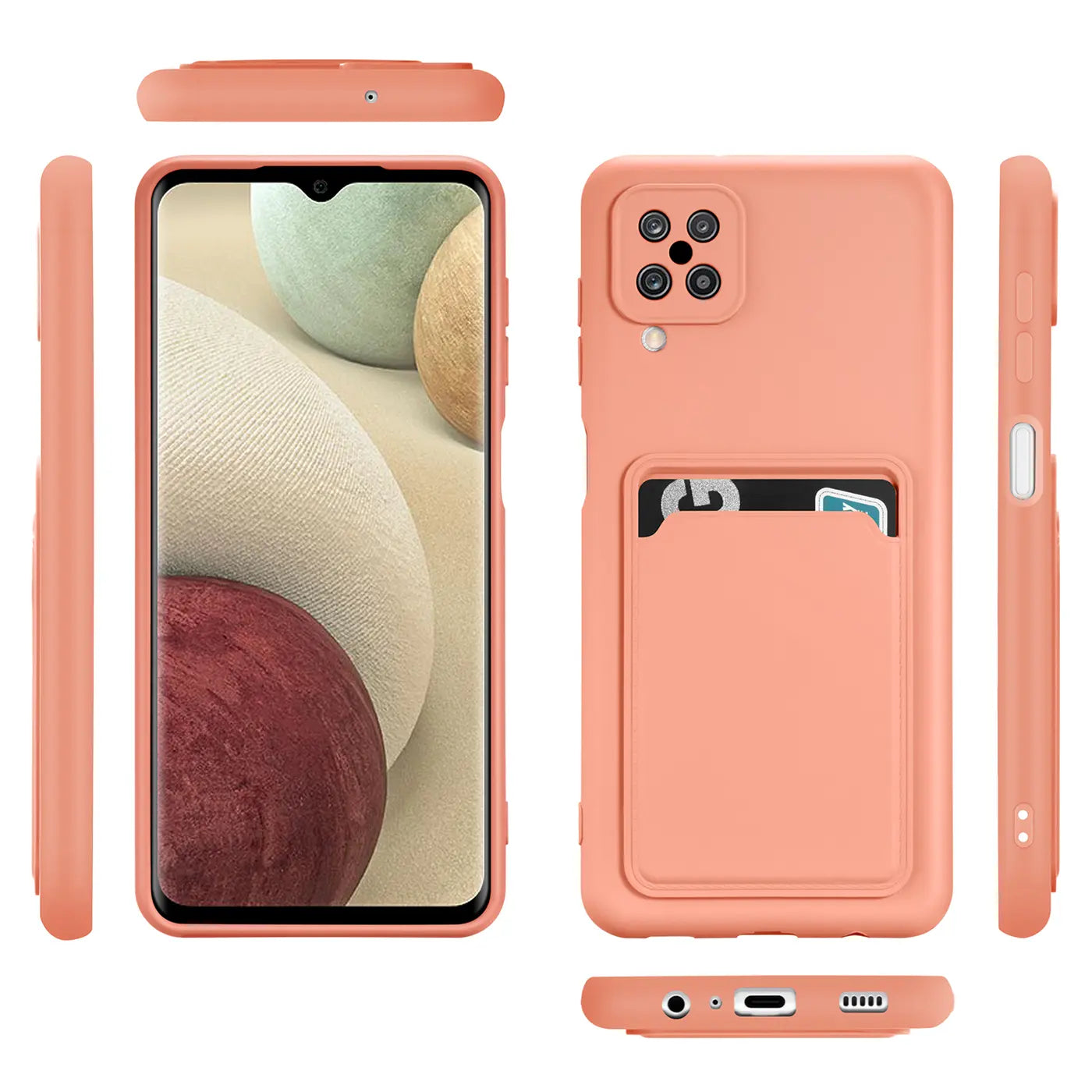 Orange Slim Hülle mit Kartenfach für Samsung Galaxy A12/M12, verschiedene Ansichten.