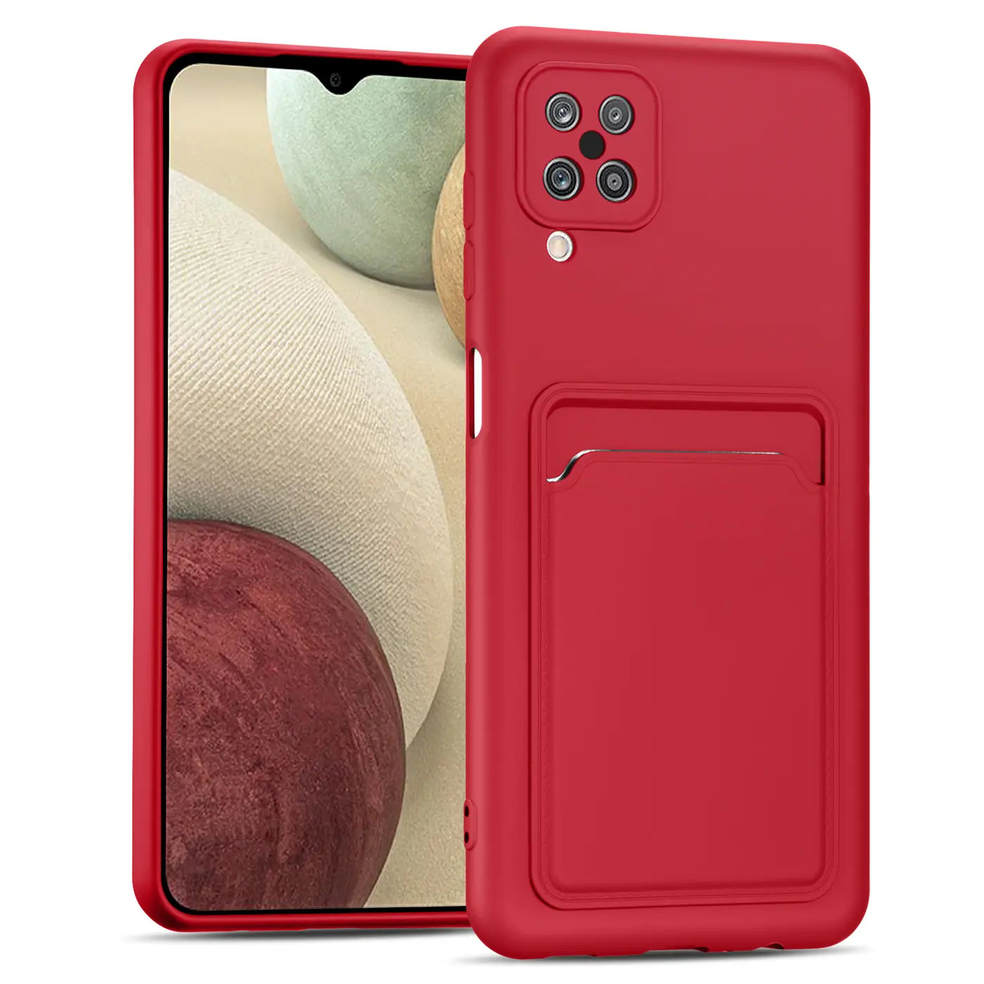 Rote Slim Hülle aus Kunststoff mit Kartenfach für Samsung Galaxy A12/M12, Vorderansicht.