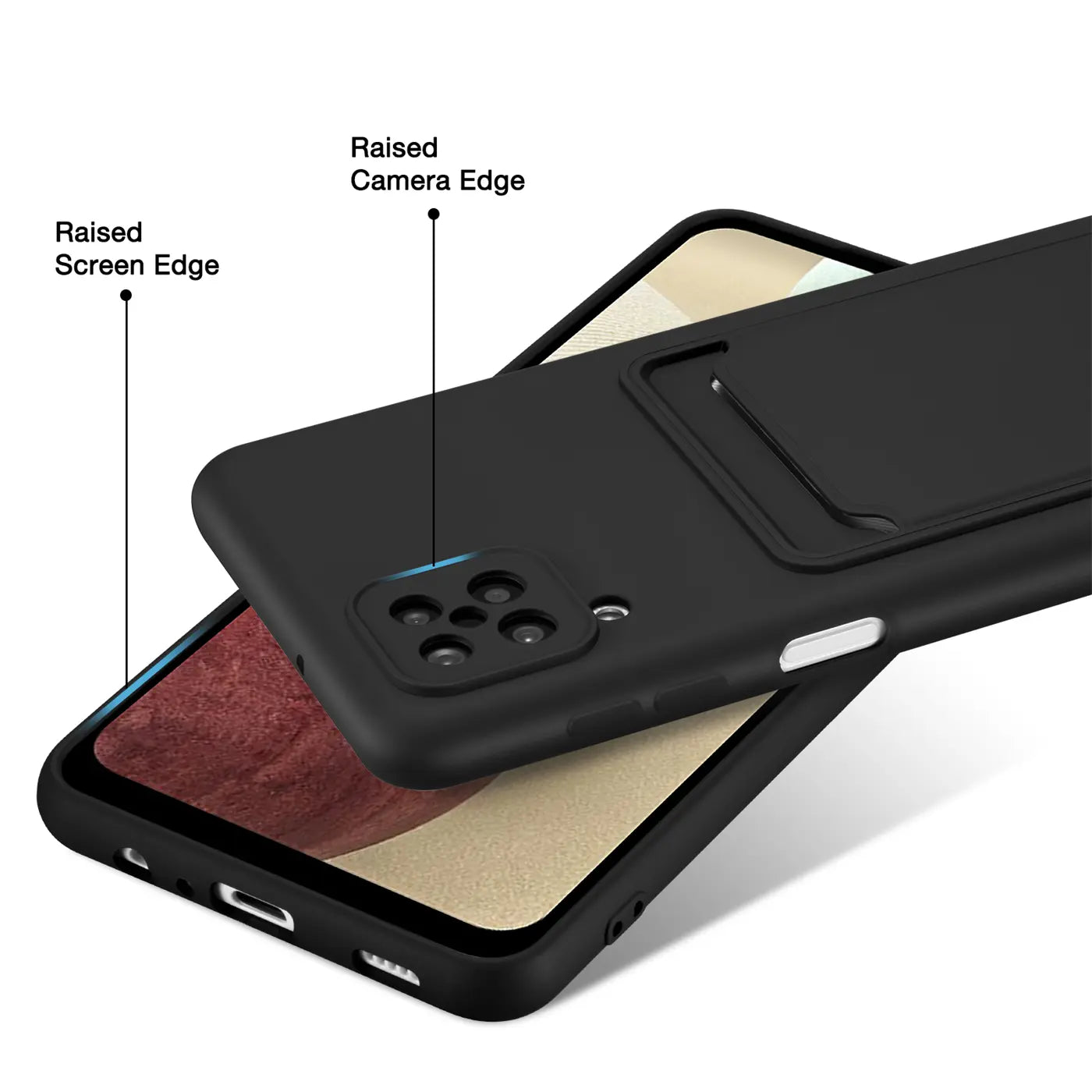 Schwarze Slim Hülle aus Kunststoff mit Kartenfach, zeigt Samsung Galaxy A12/M12.