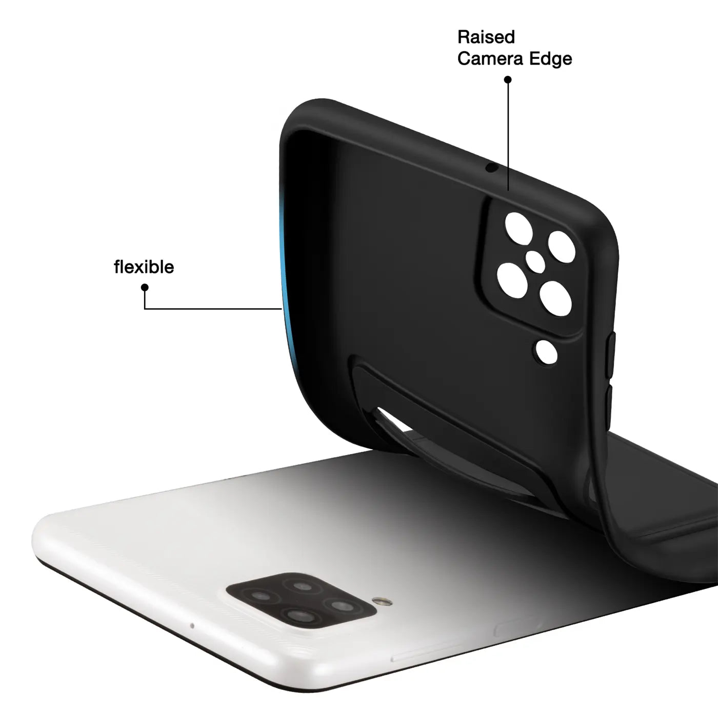 Schwarze flexible Hülle mit Kartenfach, von hinten, auf weißem Samsung Galaxy A12/M12.