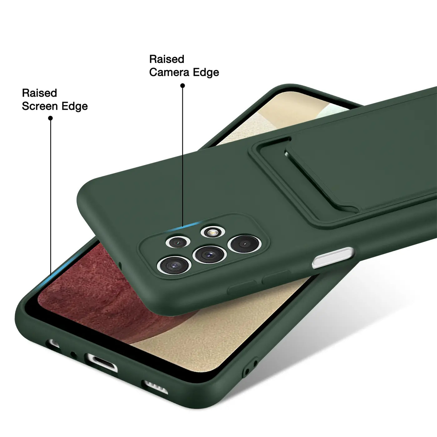 Dunkelgrüne Slim Hülle mit Kartenfach, aus Kunststoff, zeigt Samsung Galaxy A13 4G.