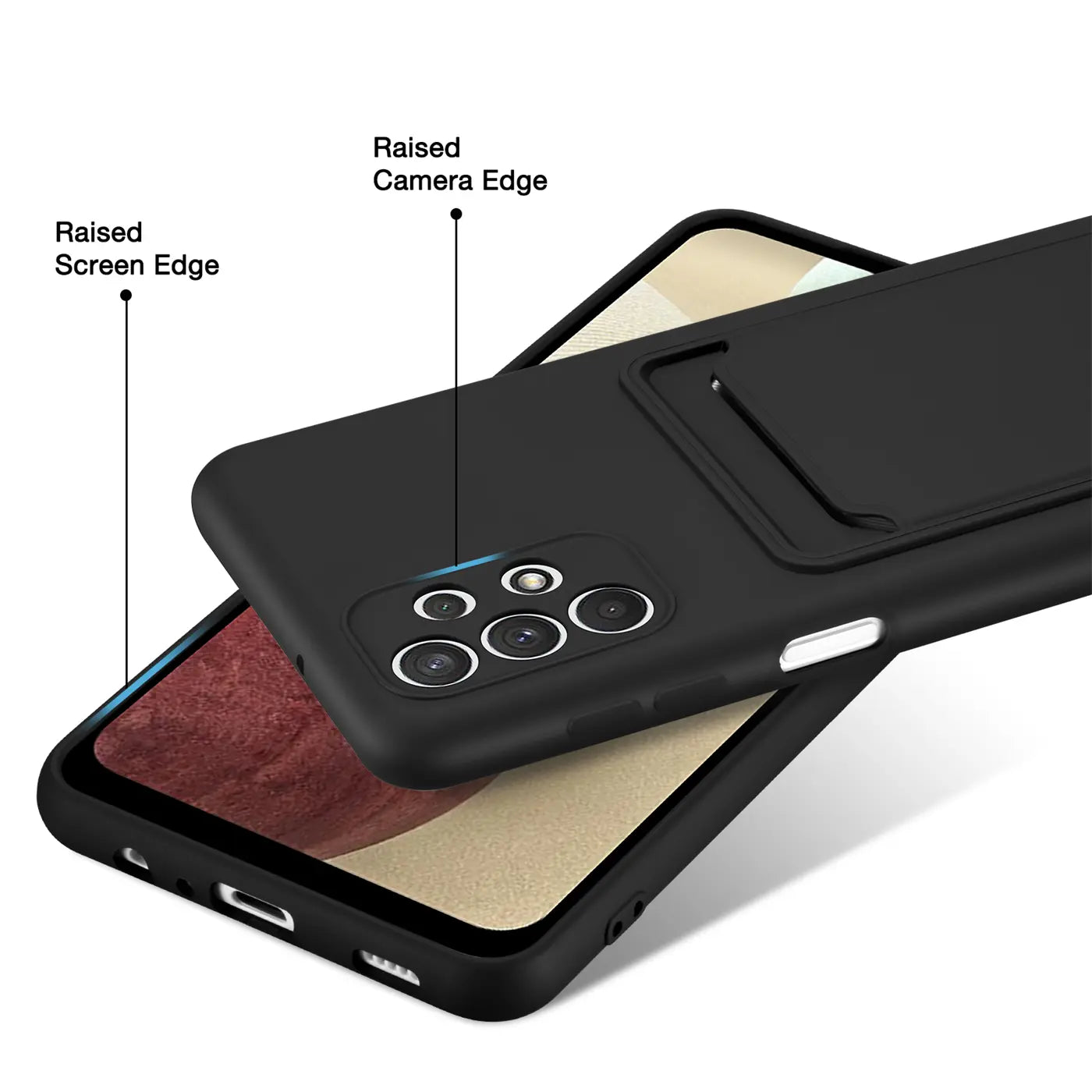 Schwarze Slim-Hülle aus Kunststoff mit Kartenfach, zeigt Samsung Galaxy A13 4G, Seitenansicht.