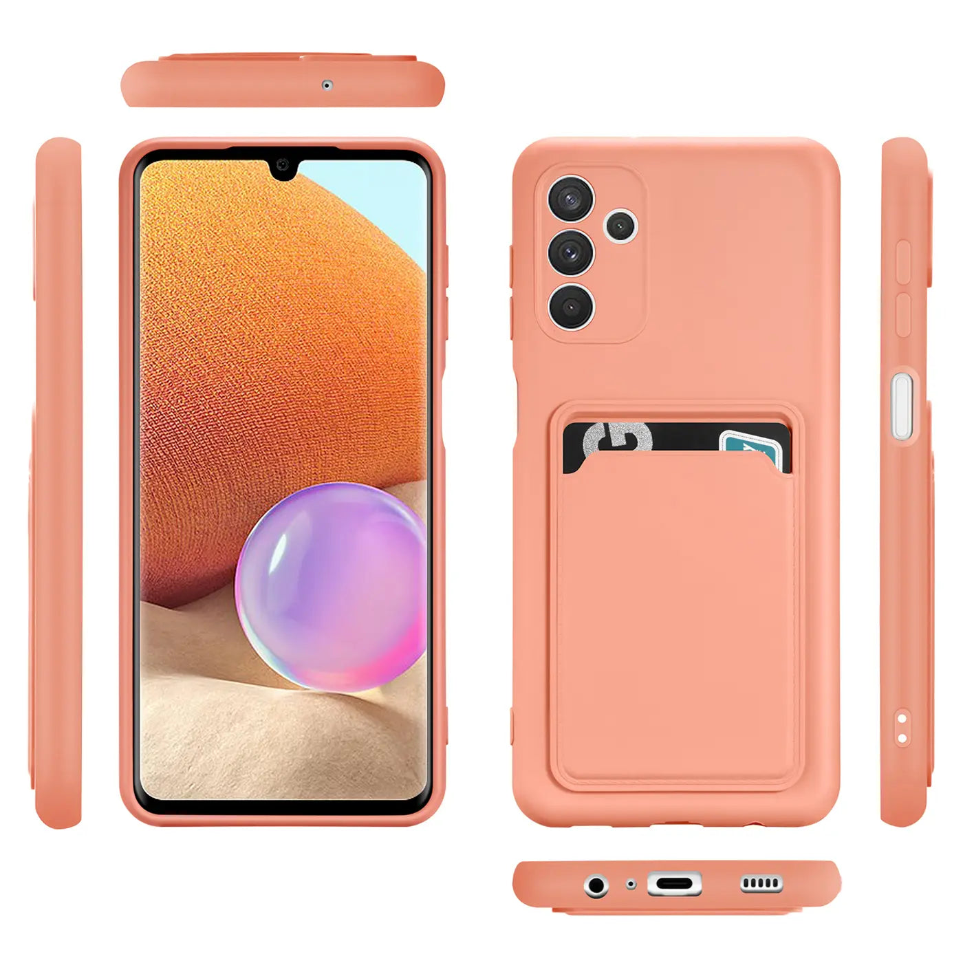 Korallefarbene Handyhülle aus Silikon mit Kartenfach, Vorder-, Rück- und Seitenansicht, Samsung Galaxy A13 5G / A04s.