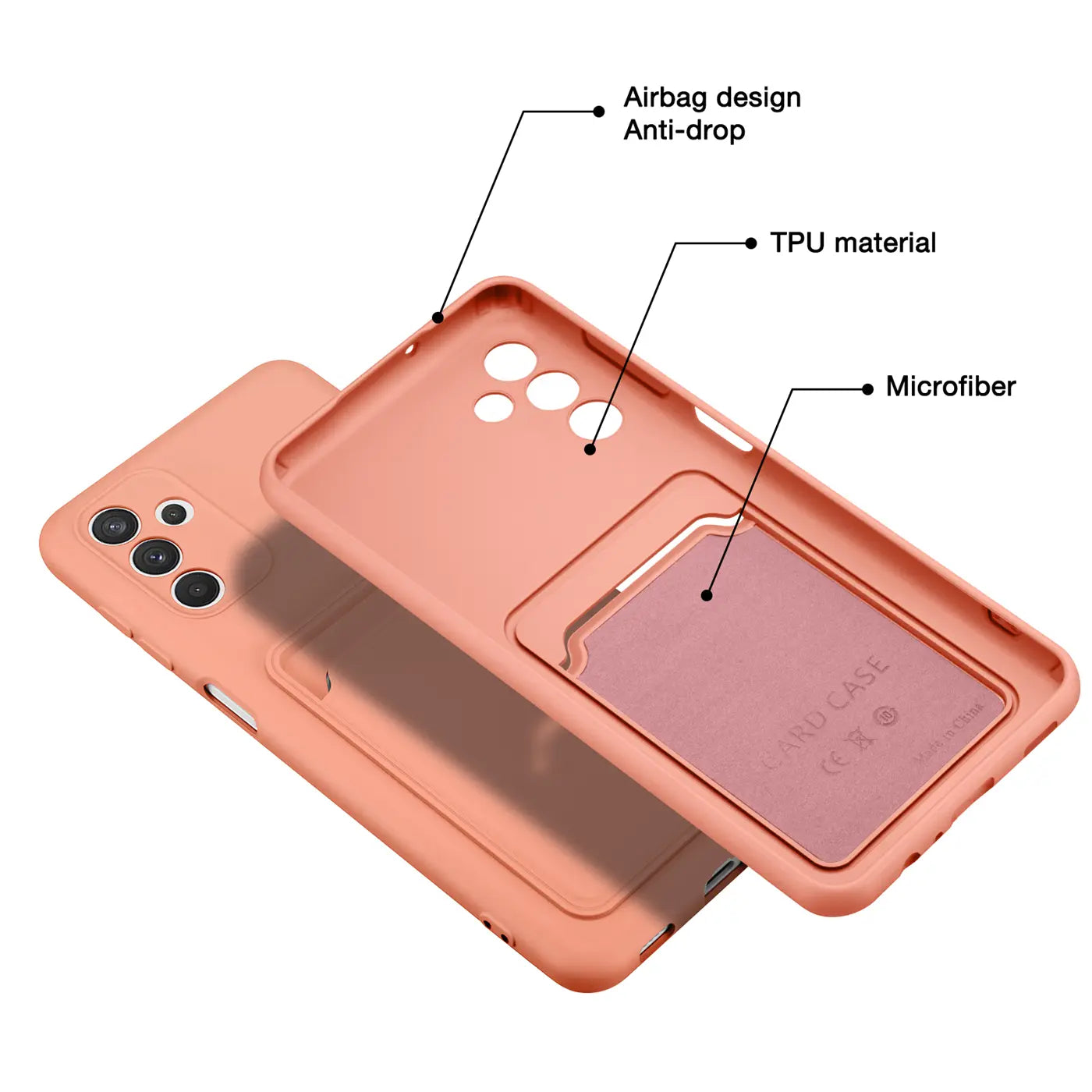 Orange TPU Hülle mit Kartenfach, von oben, für Samsung Galaxy A13 5G / A04s.