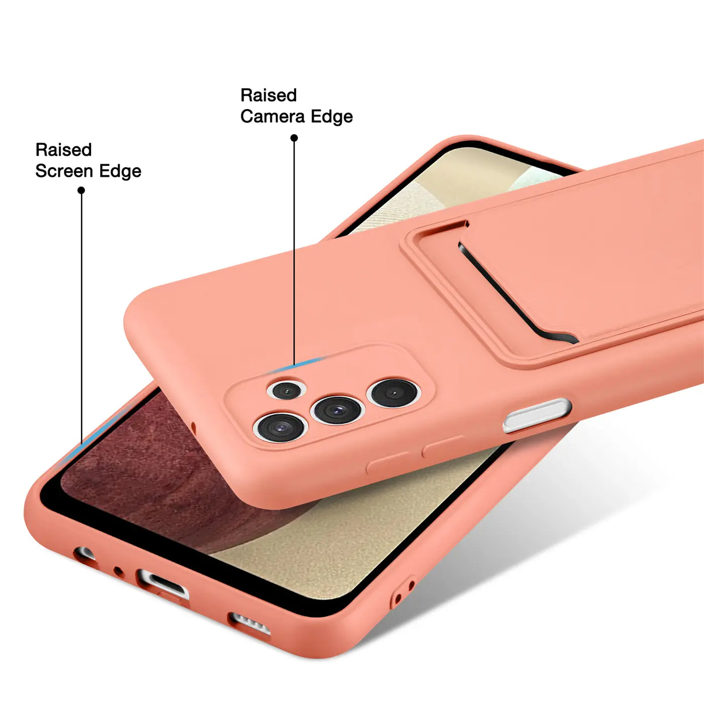 Korallfarbene Silikonhülle mit Kartenfach, Nahaufnahme, Samsung Galaxy A13 5G / A04s.