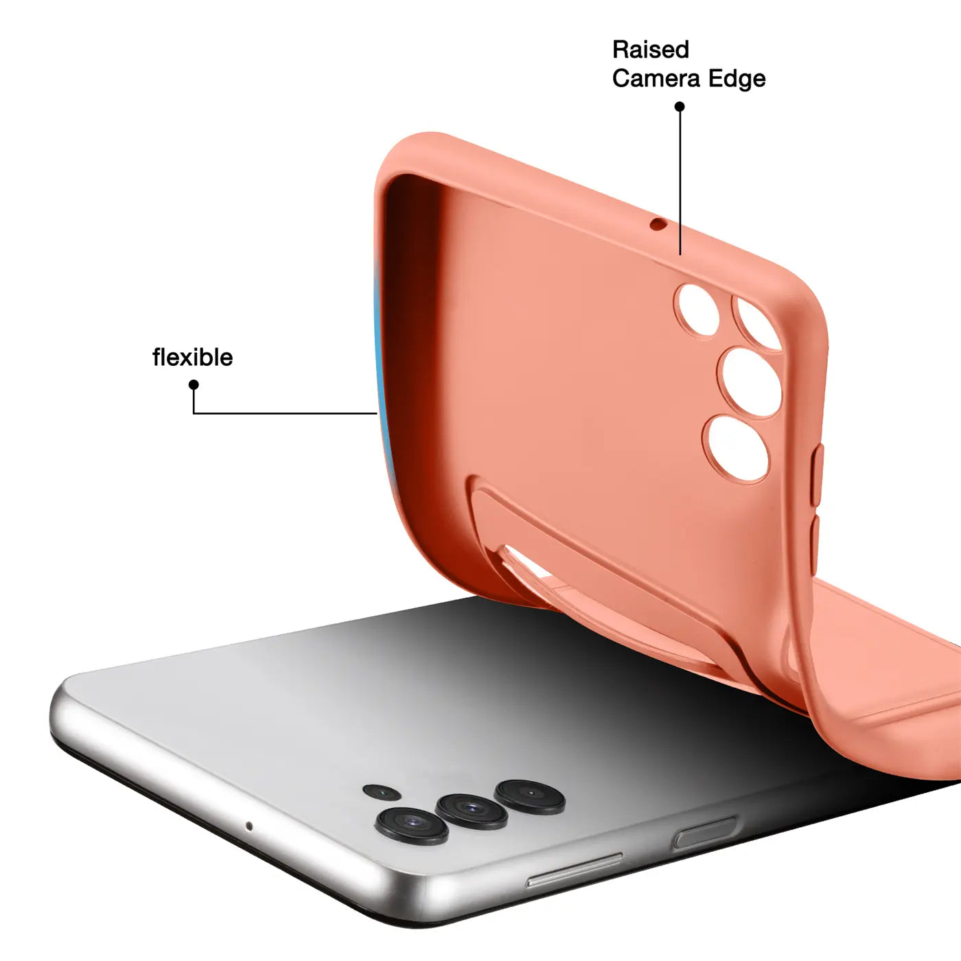 Korallenfarbene, flexible Hülle mit Kartenfach wird auf ein silbernes Samsung Galaxy A13 5G aufgelegt.