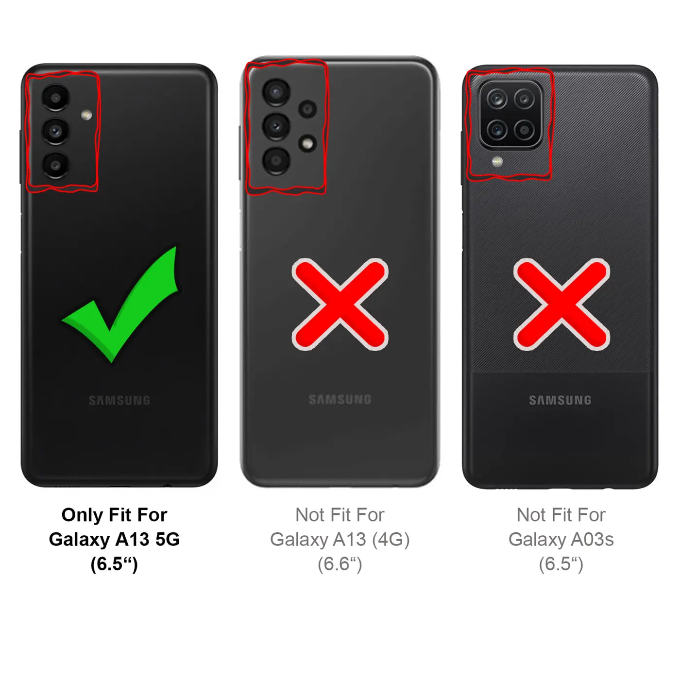 Drei Samsung-Handys (Galaxy A13 5G, A13 4G, A03s) mit Kameras, Rückansicht.