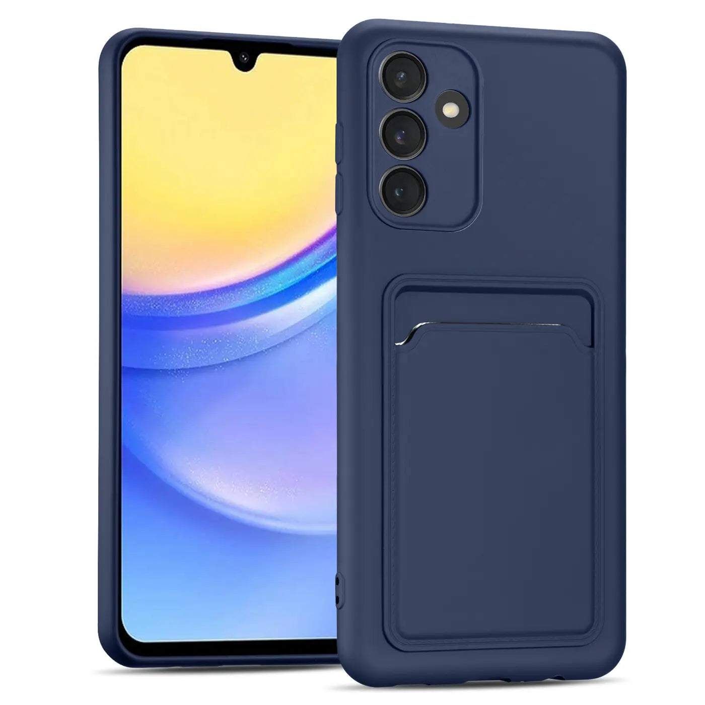 Dunkelblaue Slim Hülle aus Kunststoff mit Kartenfach, Vorderansicht, Samsung Galaxy A15.