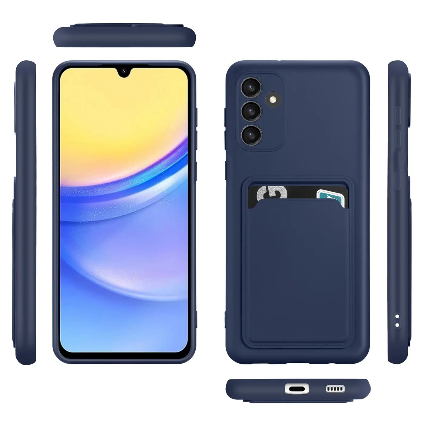 Dunkelblaue Handyhülle aus Silikon mit Kartenfach, Vorder- und Rückansicht, Samsung Galaxy A15.